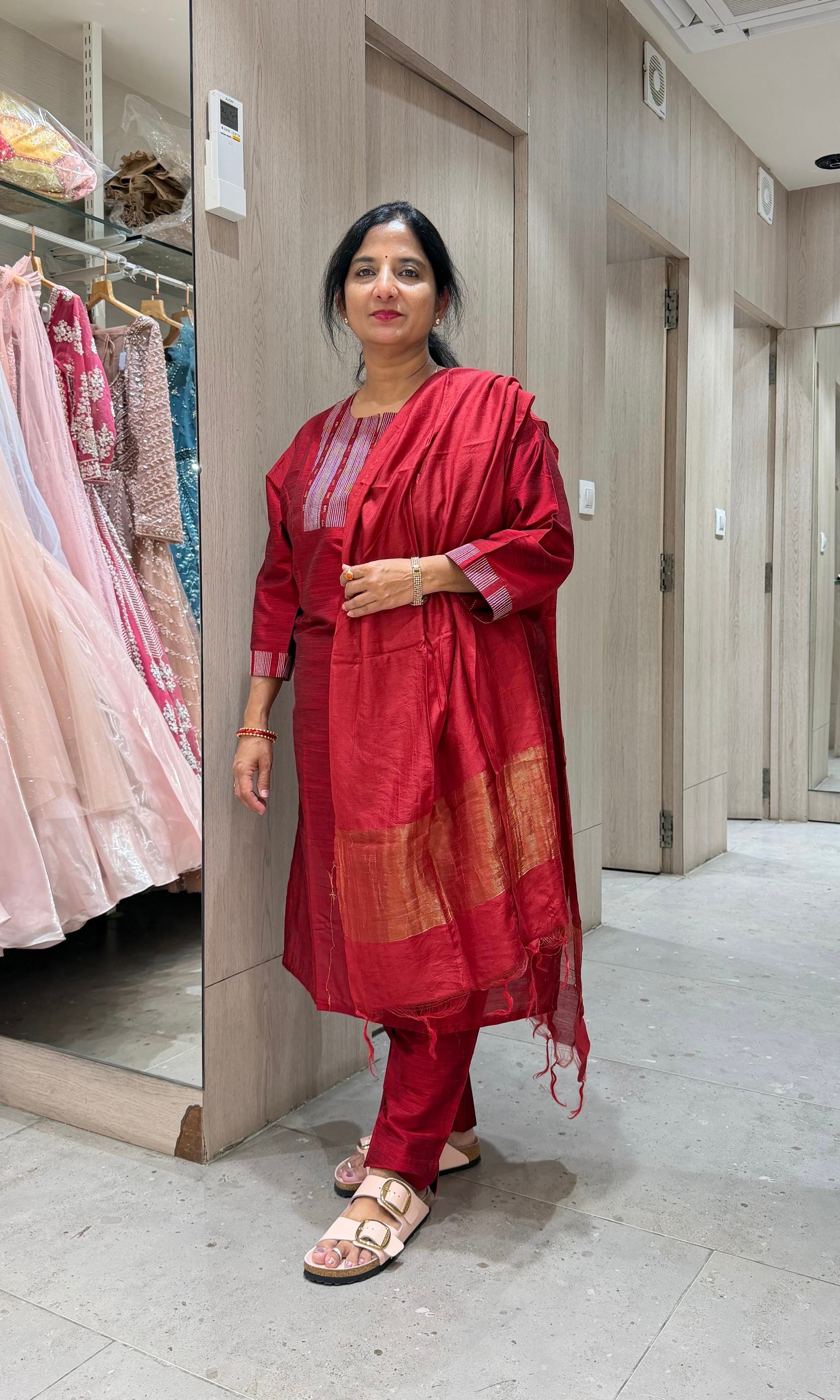 Maroon Silk Straight Kurta Set with Dupatta