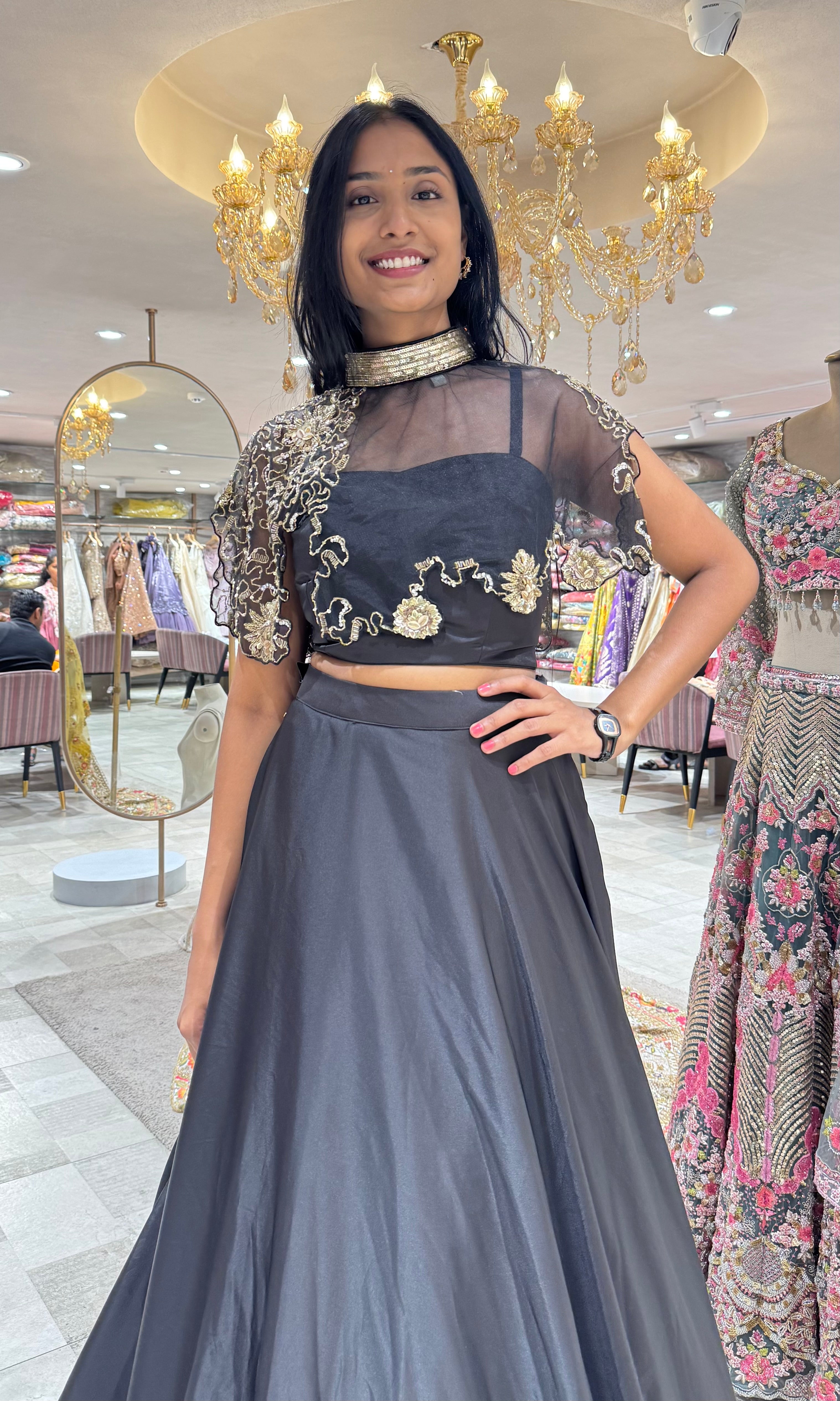 BLACK GOLDEN EMBROIDERED CROP TOP LEHENGA