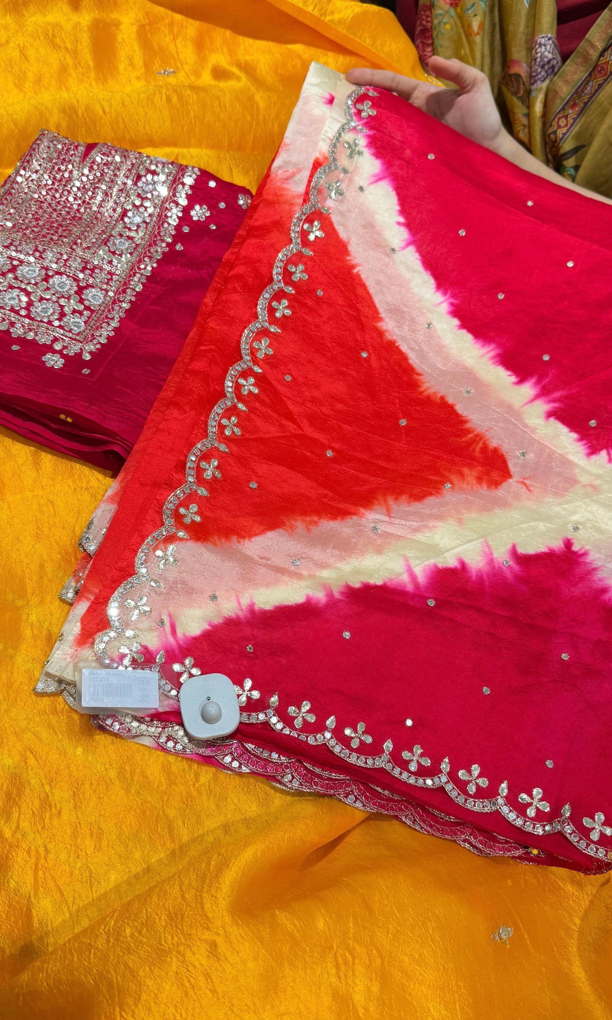 Shibori Tussar silk orange and pink saree