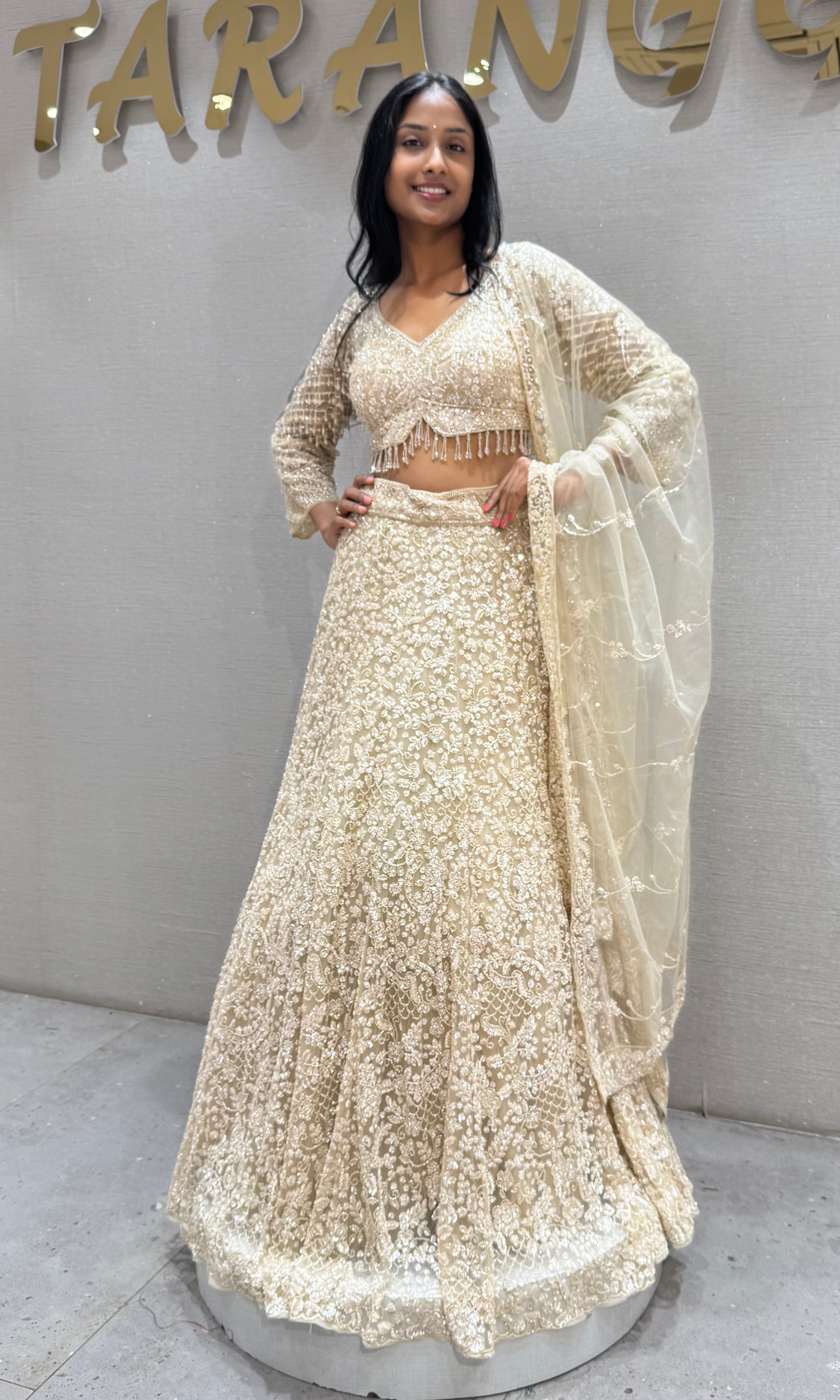 Ivory Net Sequin Embroidered Lehenga Set