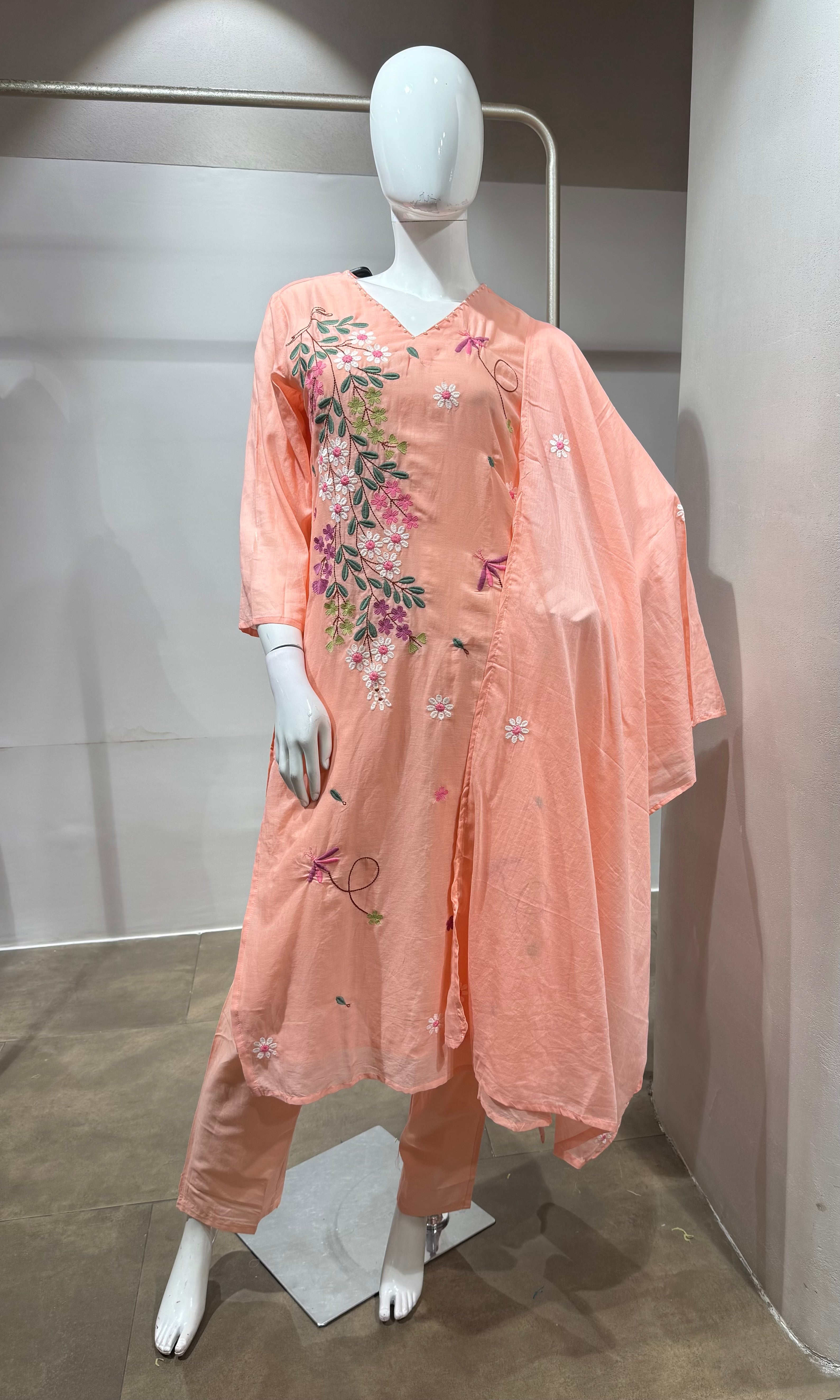 Peach Pastel Floral Embroidered Kurta Set with Dupatta