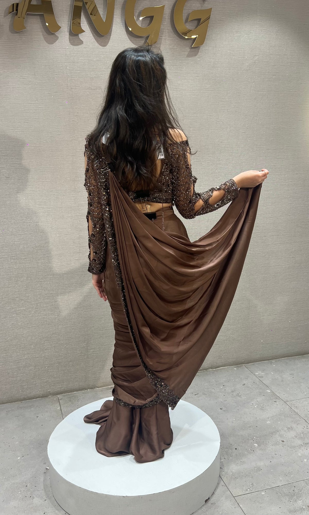 Chocolate Brown Draped Satin Saree Set