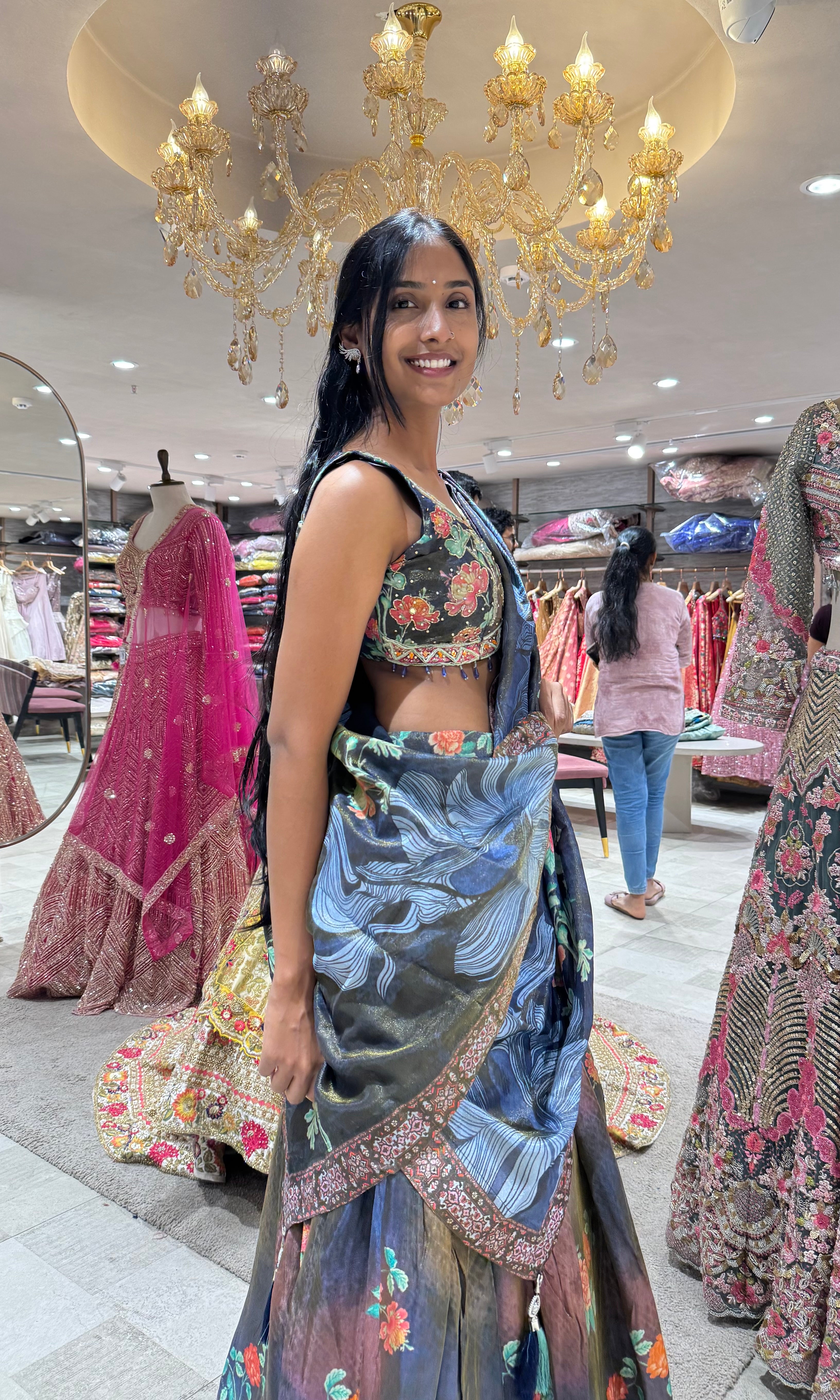 NAVY BLUE Artistic Crepe Saree Floral Motifs and Embellished Border