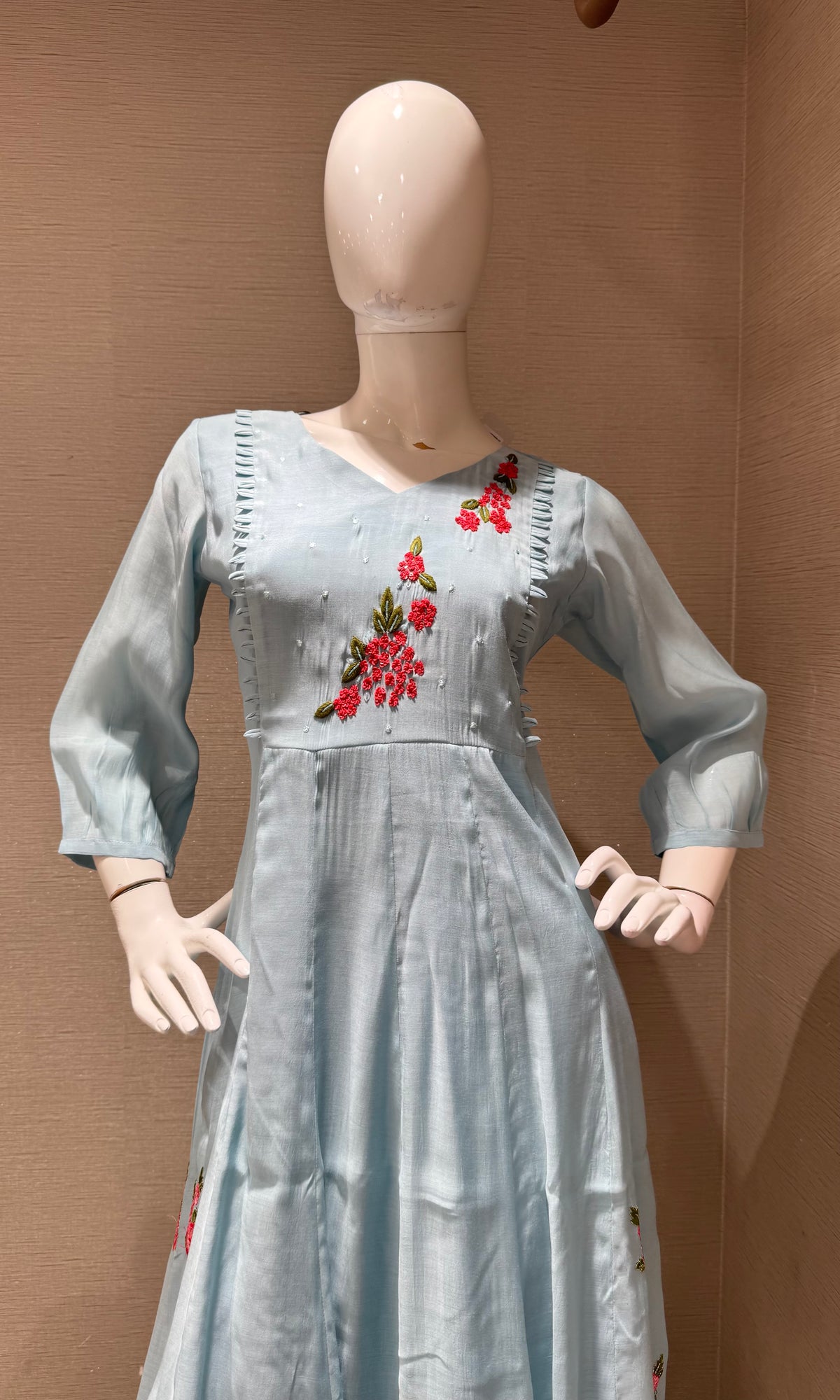 Light Blue Floral Embroidery A-Line Kurta top