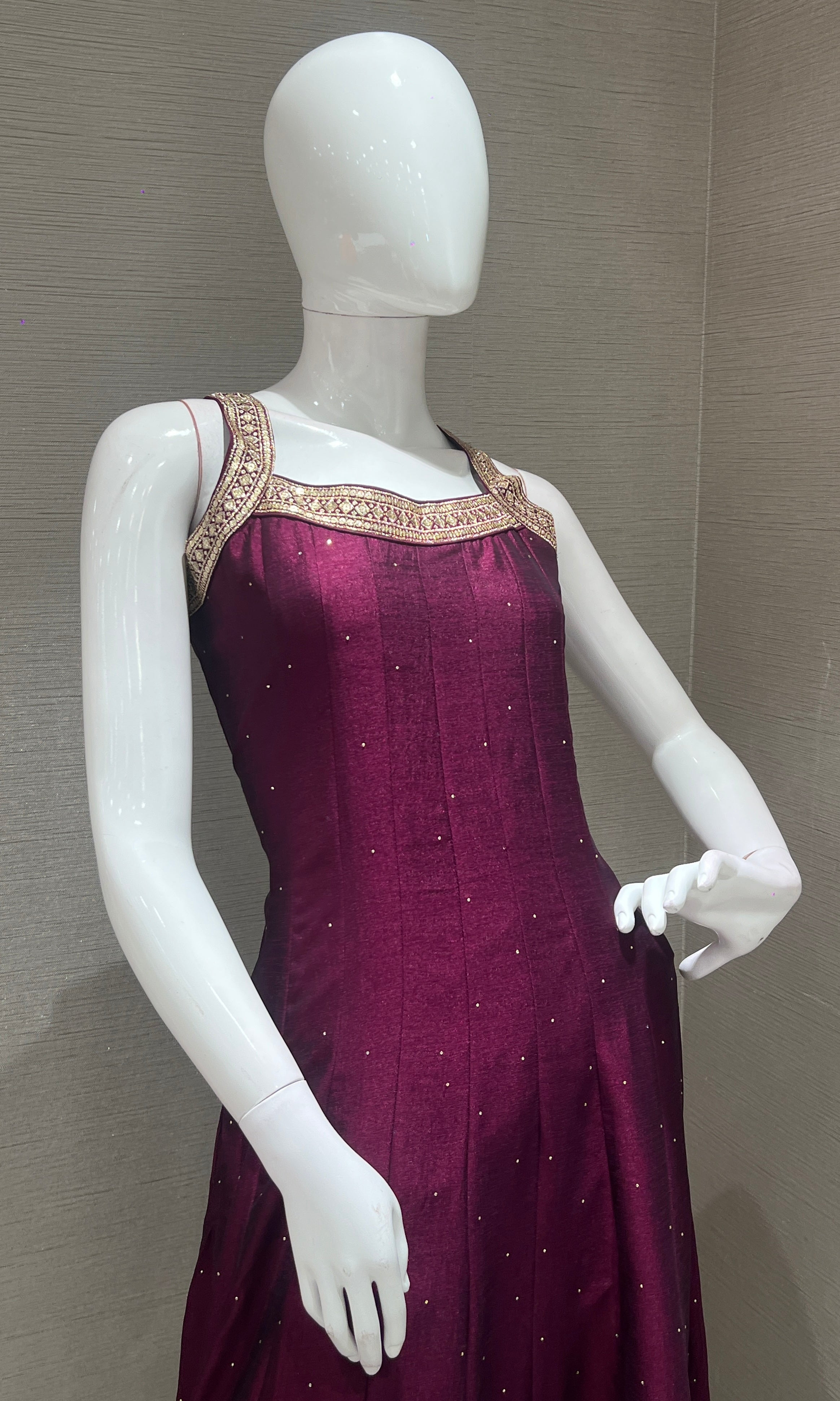 Wine anarkali set with gold embroidery