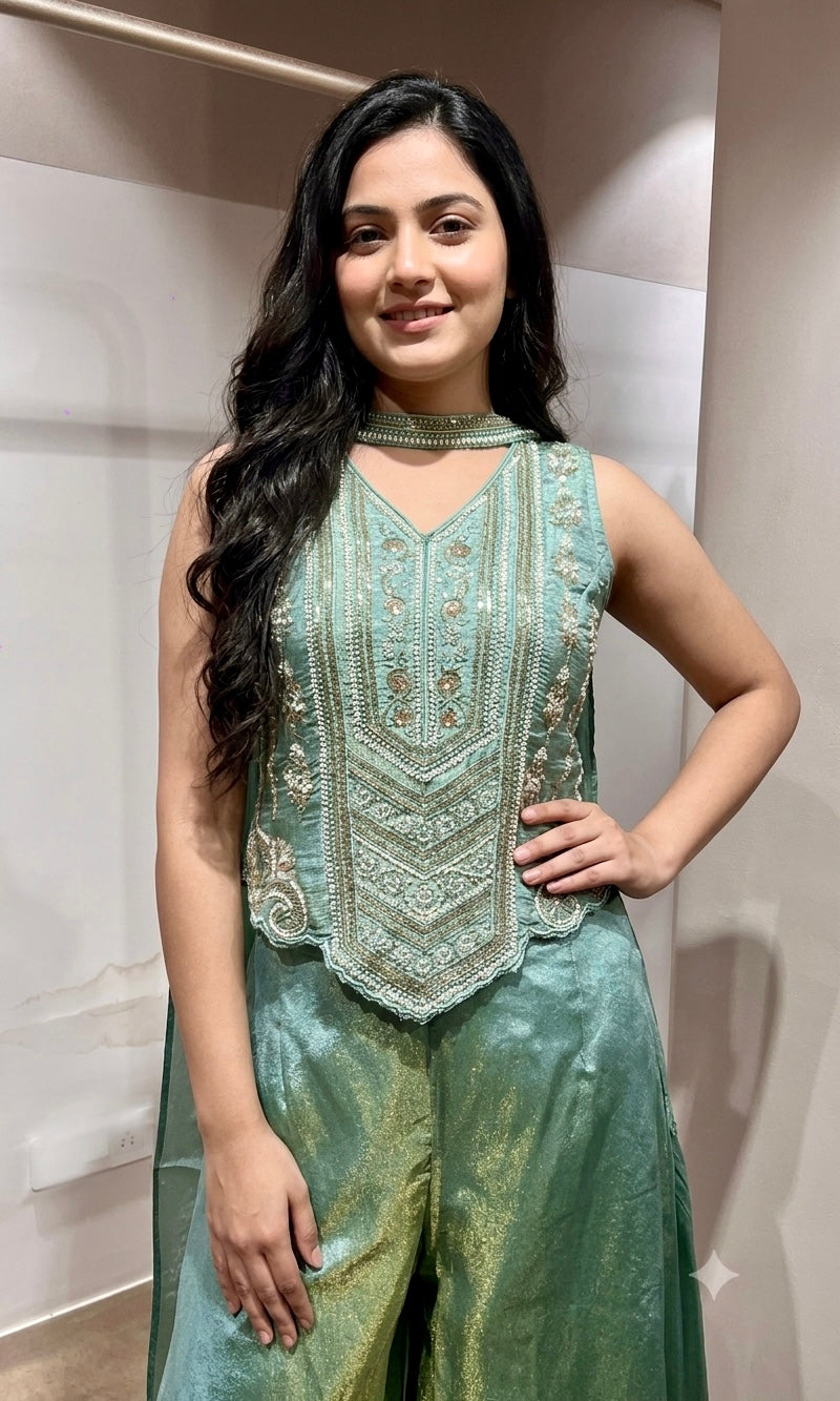 Light Green Tissue Corset Flared Palazzo Set
