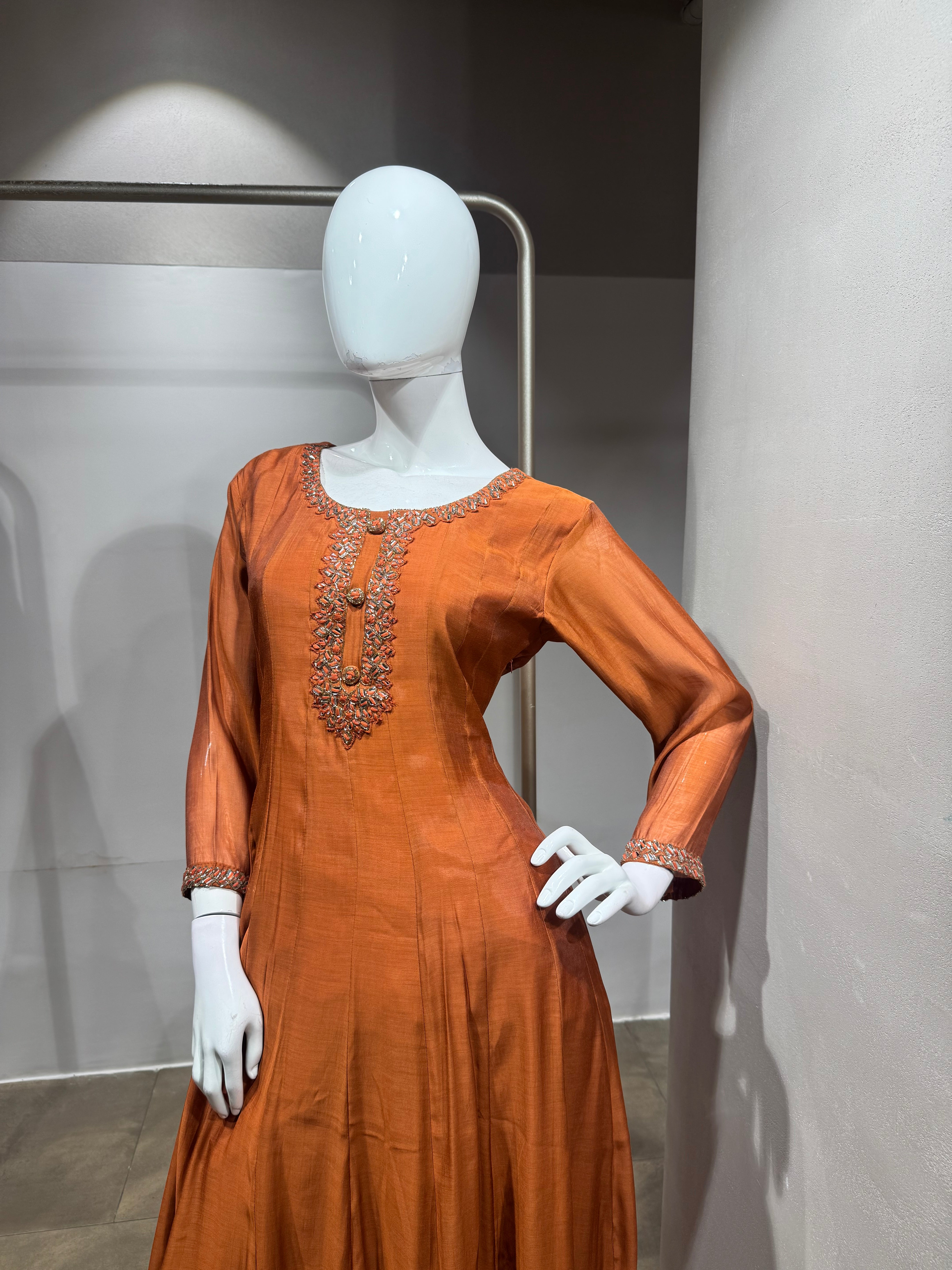 Brown Silk Embroidered Anarkali Set with Dupatta