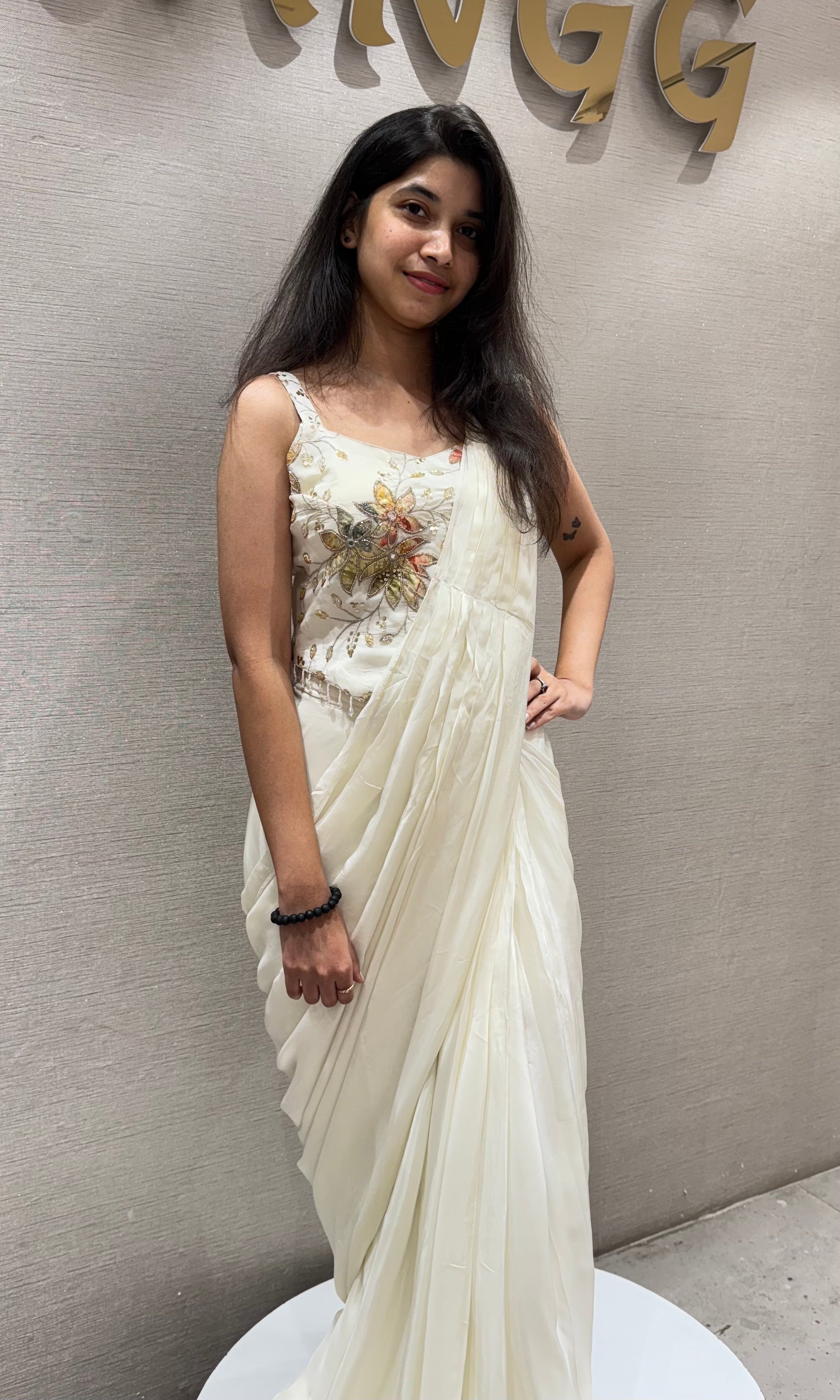 Cream drape saree WITH FLORAL BLOUSE
