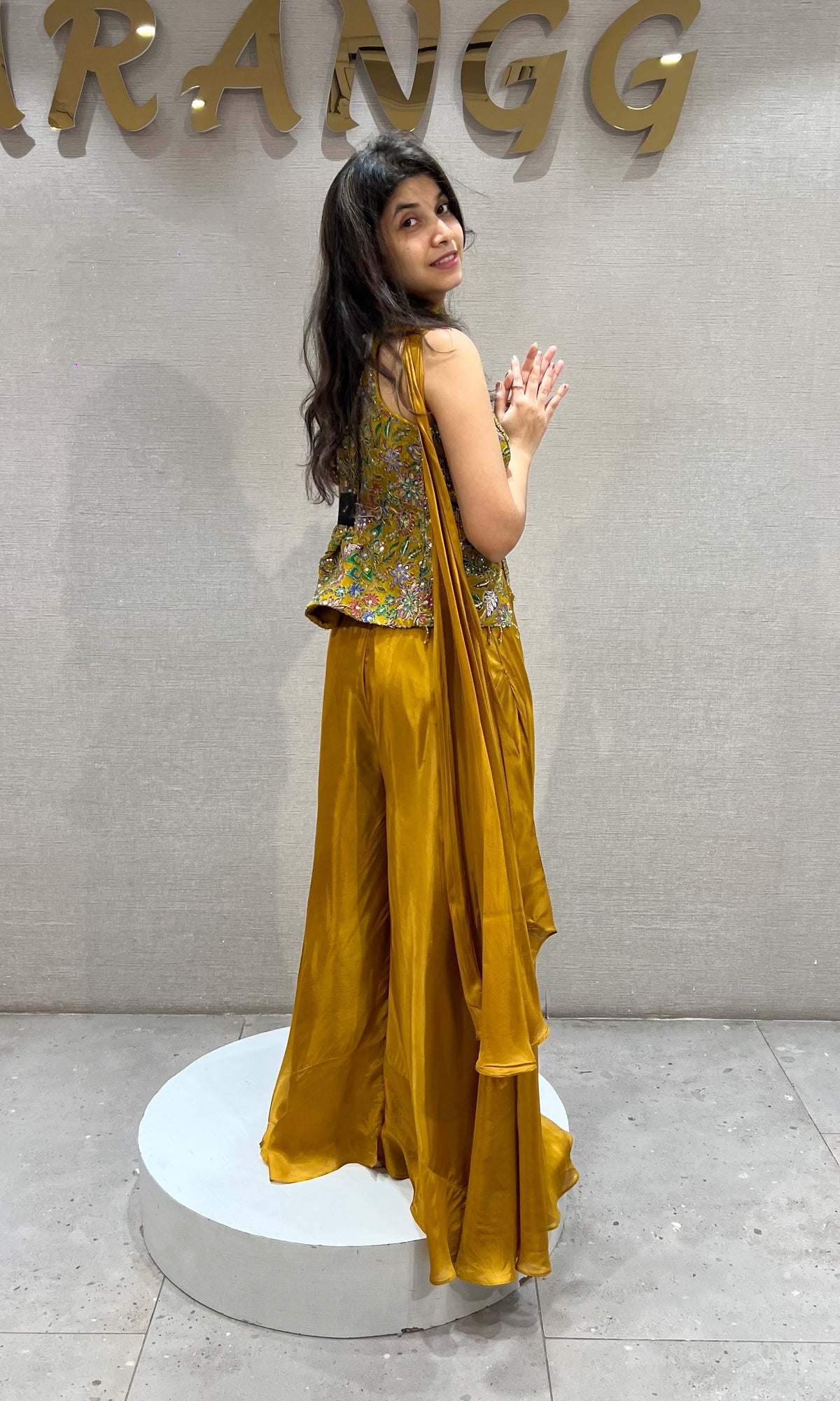 Mustard Gold Satin silk Embroidered Palazzo Set