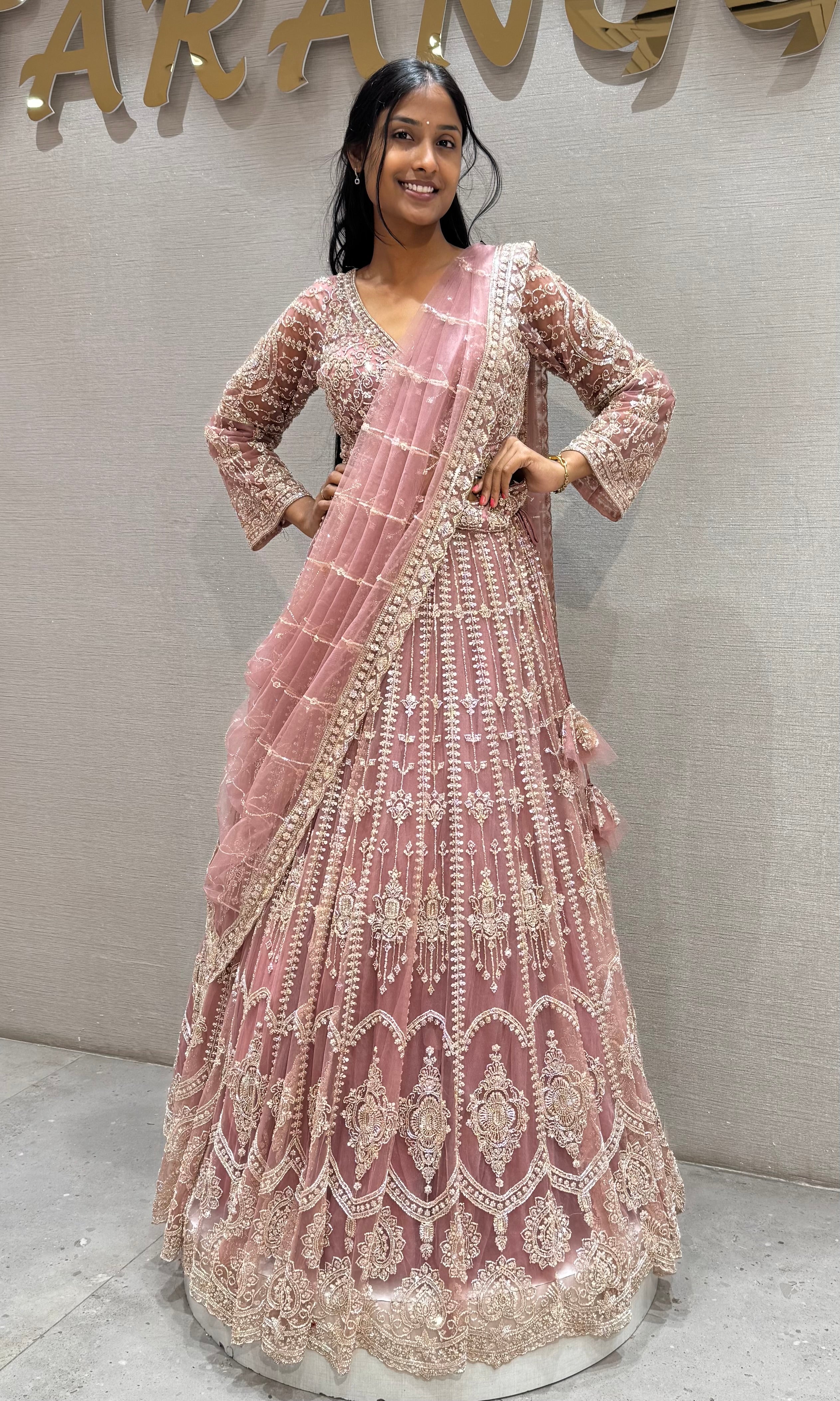 Pastel Rose pink Net Lehenga with Full Embroidered Sleeves