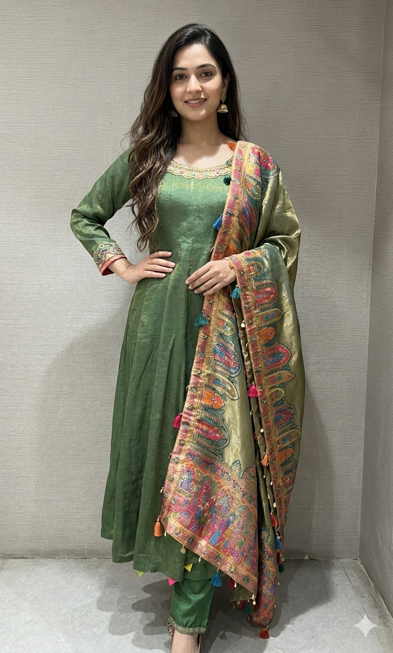BOTTLE green ANARKALI WITH PRINTED DUPATTA