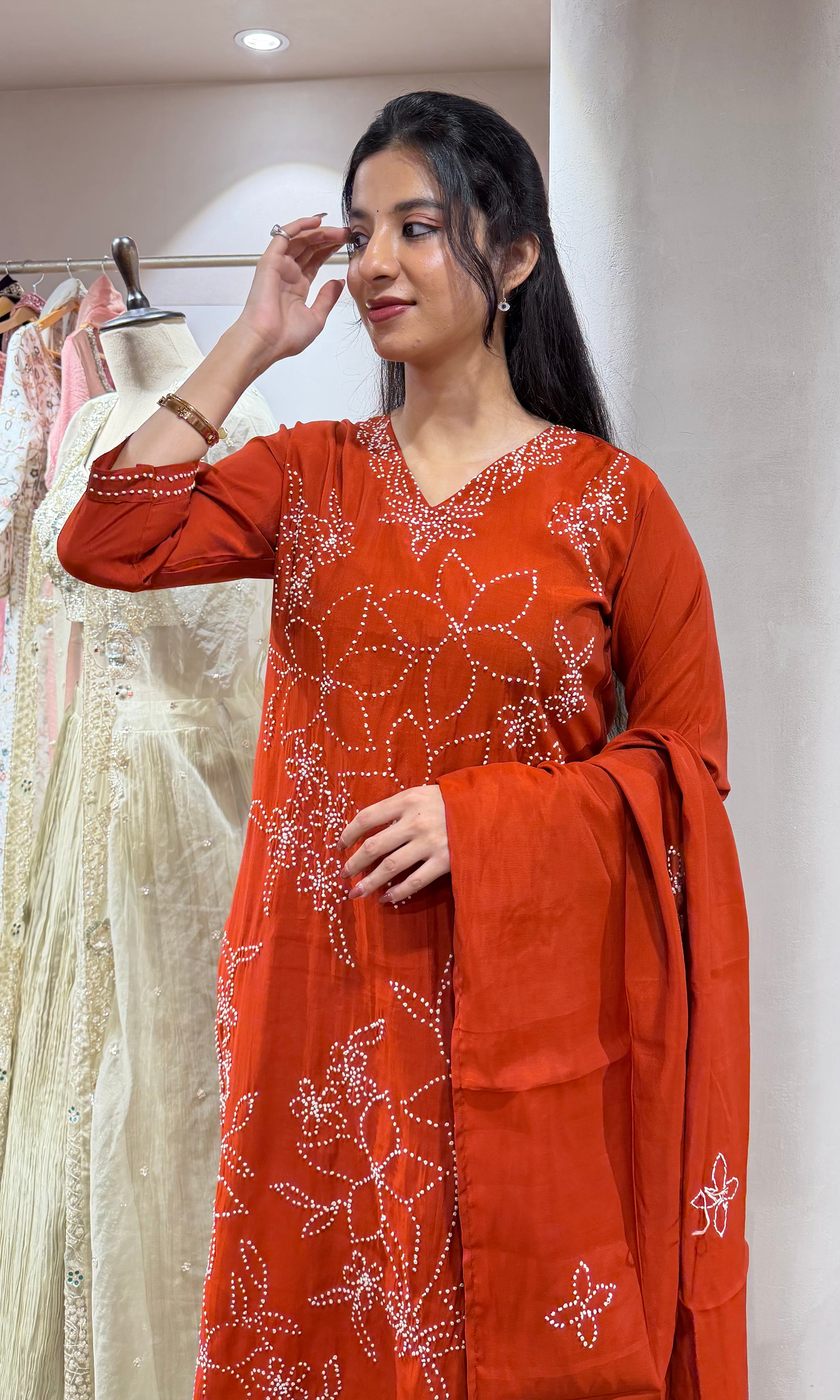 RUST FLORAL MUL CHANDERI KURTA SET