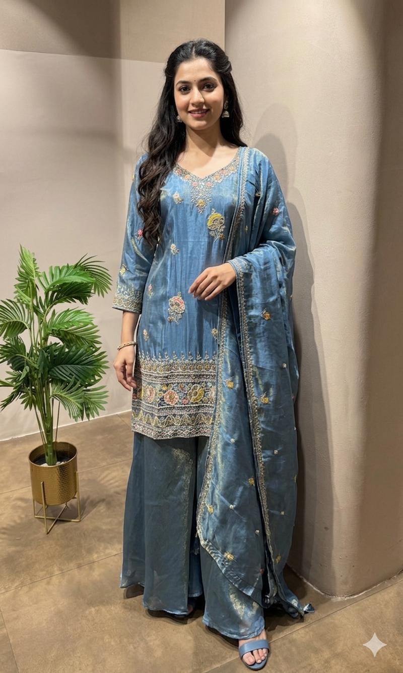 blue shimmer tissue palazzo set