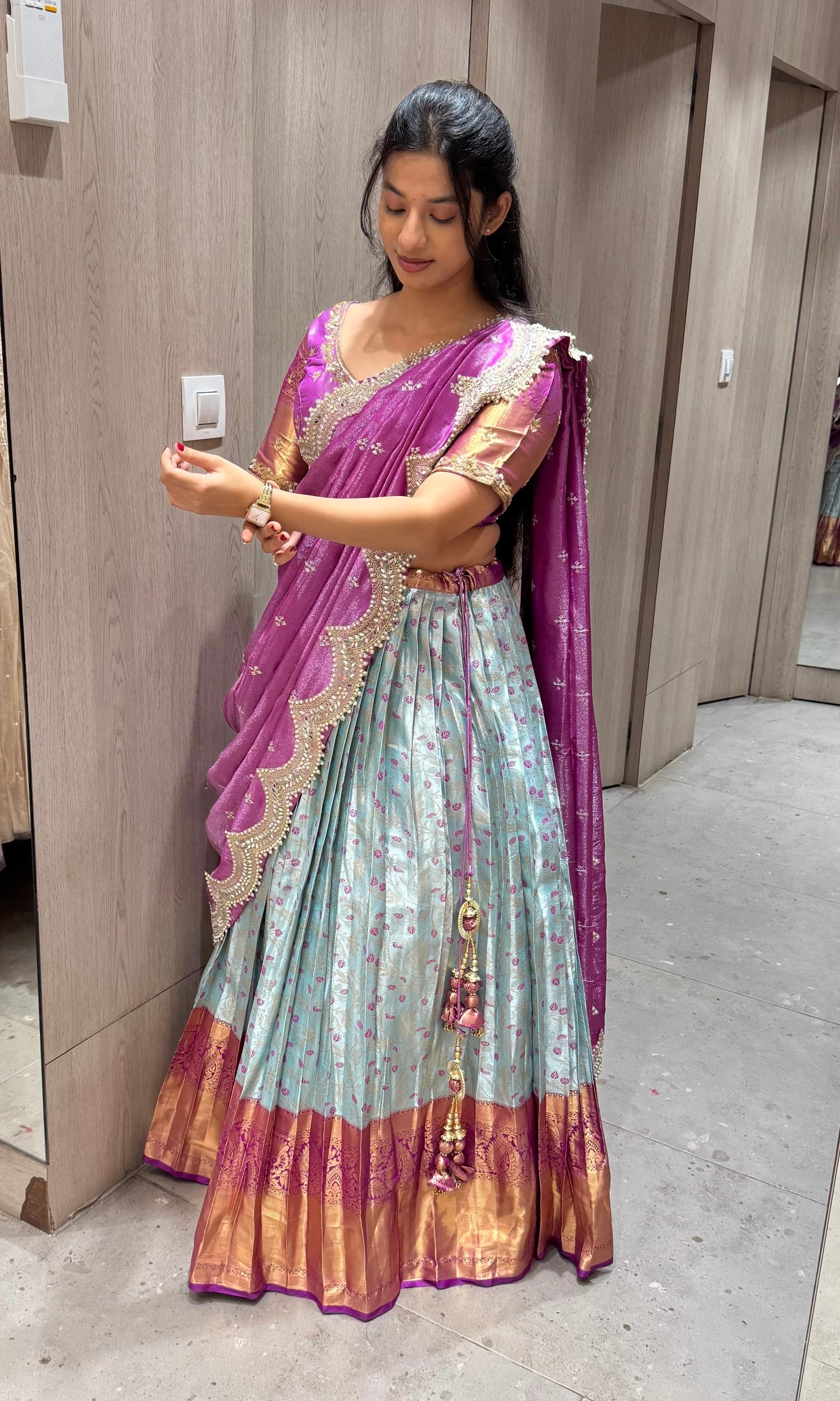 Ice blue And purple pink pattu half saree