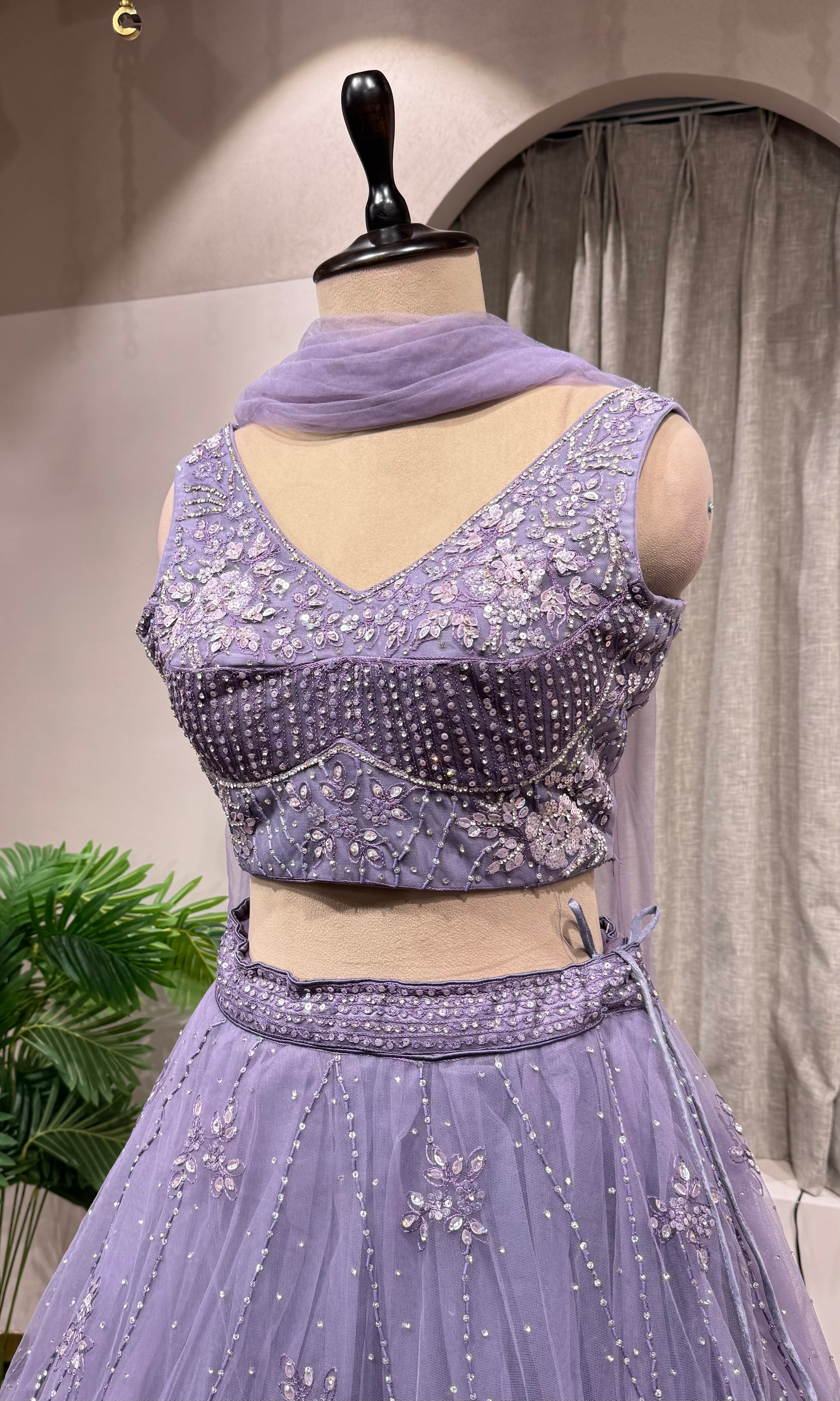 PURPLE FLORAL EMBROIDERED NETTED CROP TOP LEHENGA