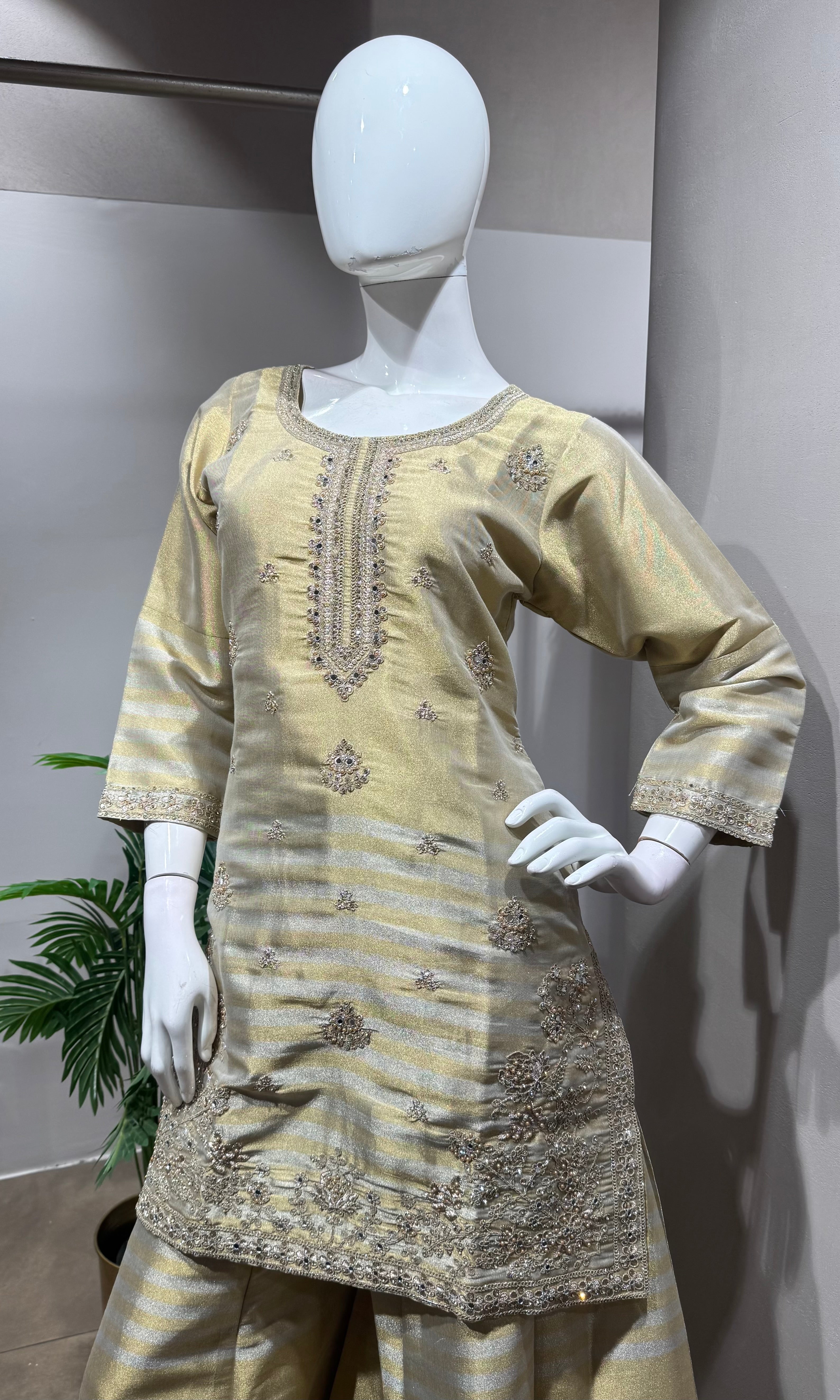 BOTTLE GREEN golden shimmer tissue sharara set