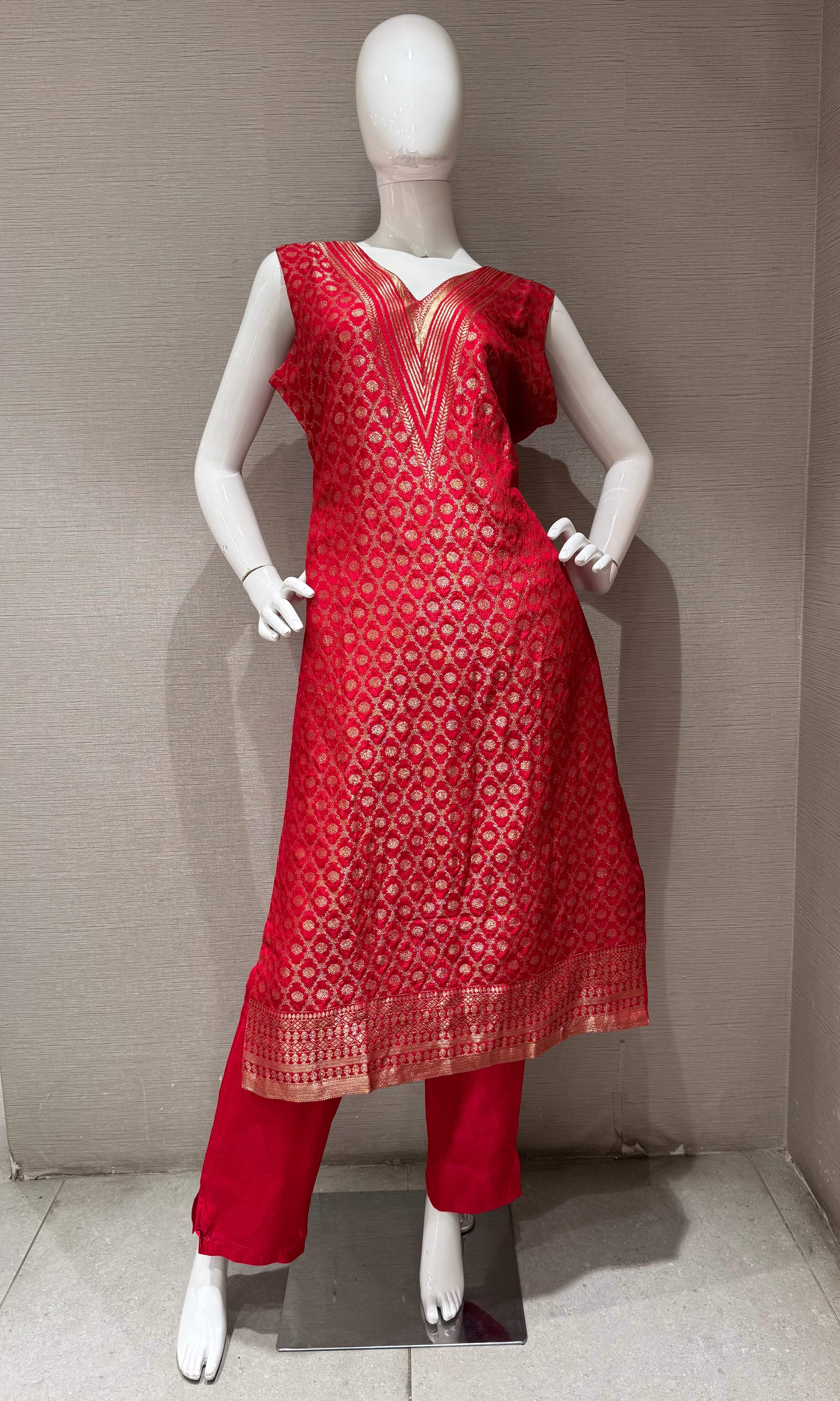 Red Kurta Set with Gold Zari Embroidery