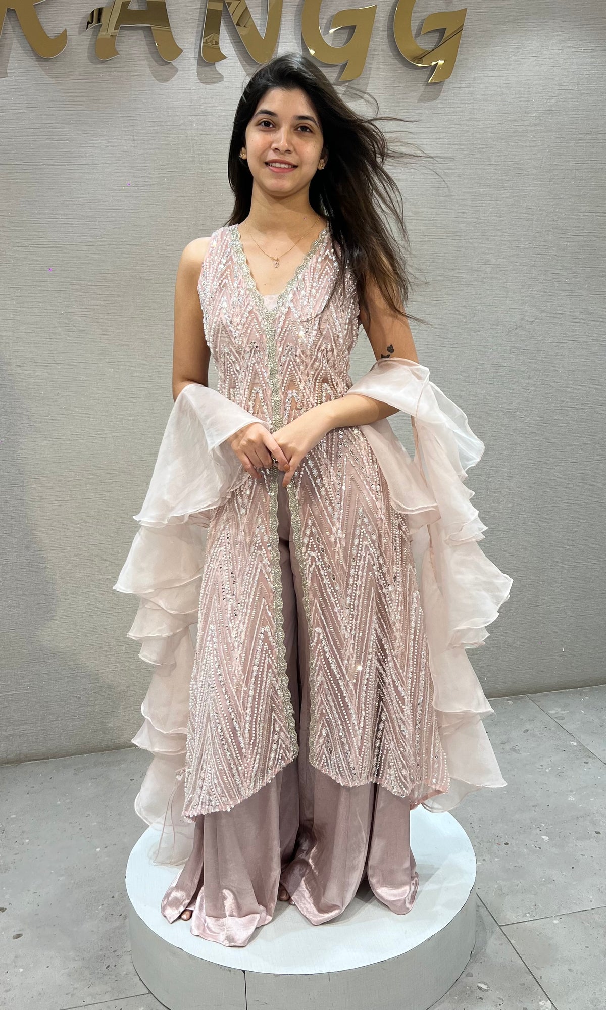 Rose Gold Sequined Peplum Palazzo Set with Organza Frill Dupatta