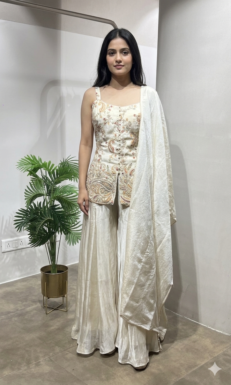Cream Embroidered Palazzo Ensemble