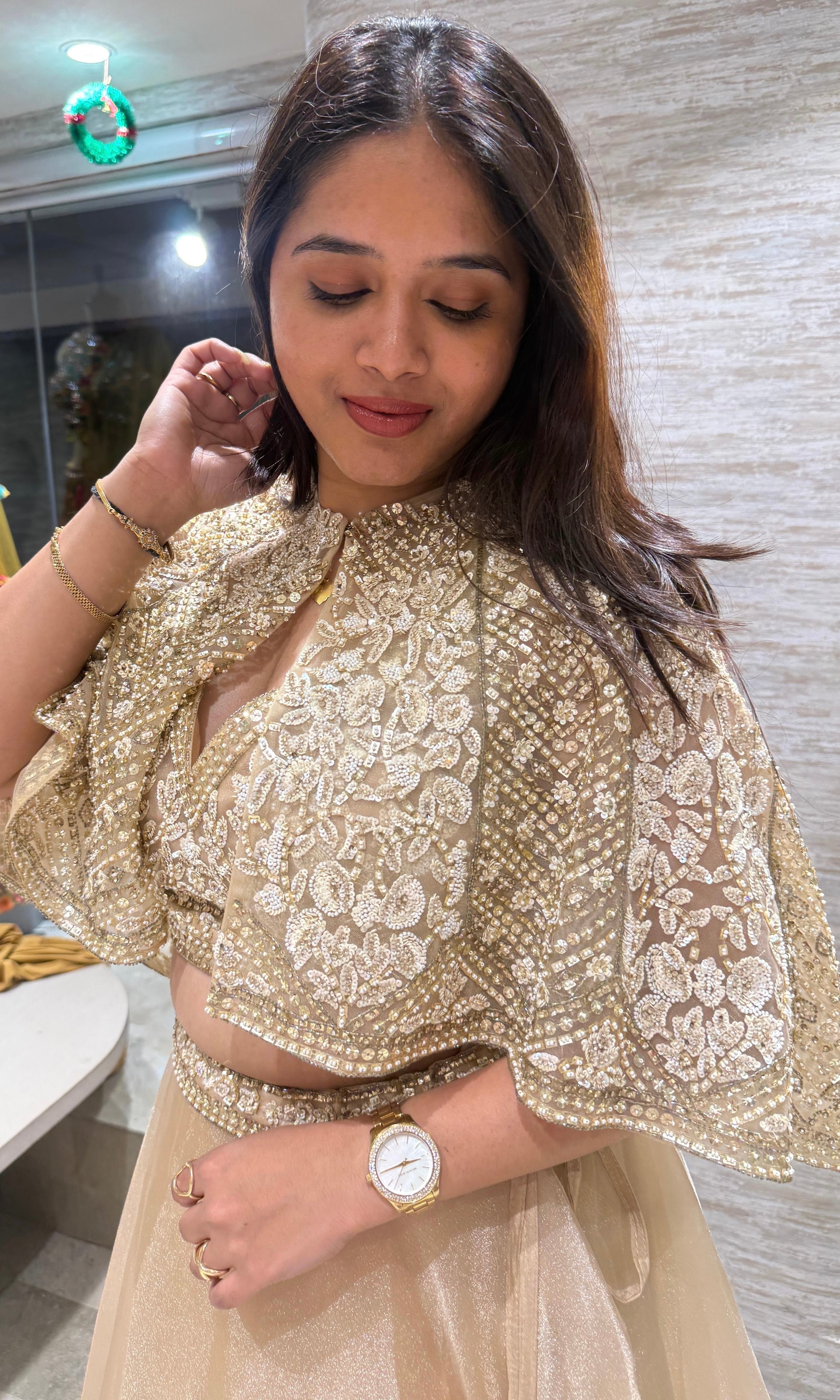 GOLD TISSUE LEHENGA WITH CAPE