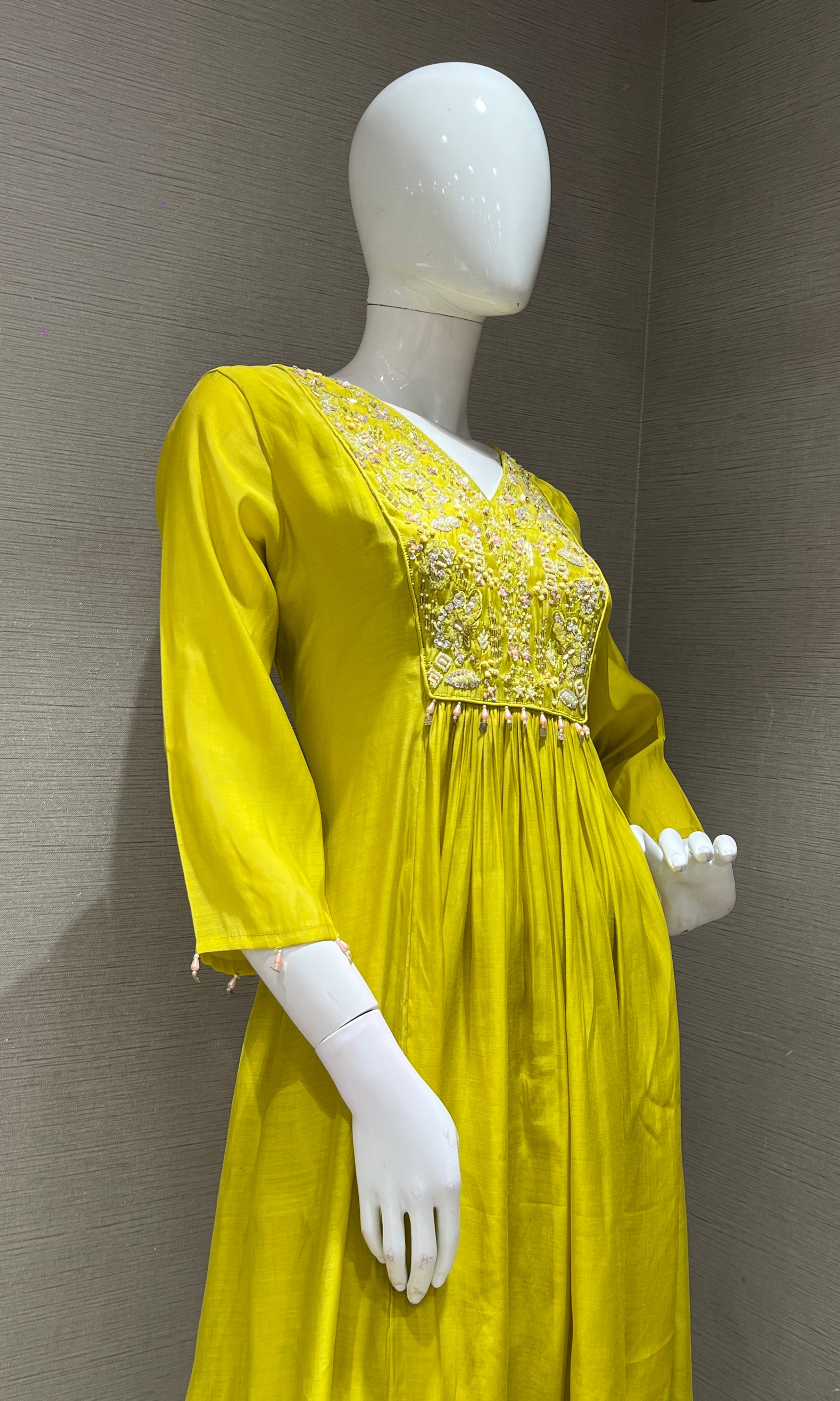 Light yellow EMBROIDERED MUL CHANDERI KURTA SET