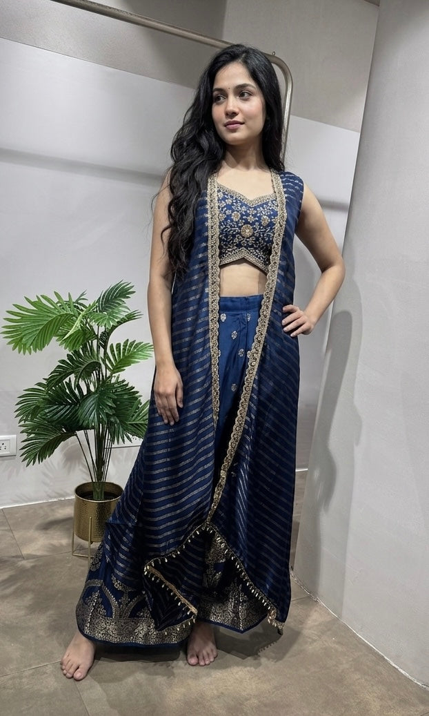 Navy Blue Indo-Western Draped Fusion Set