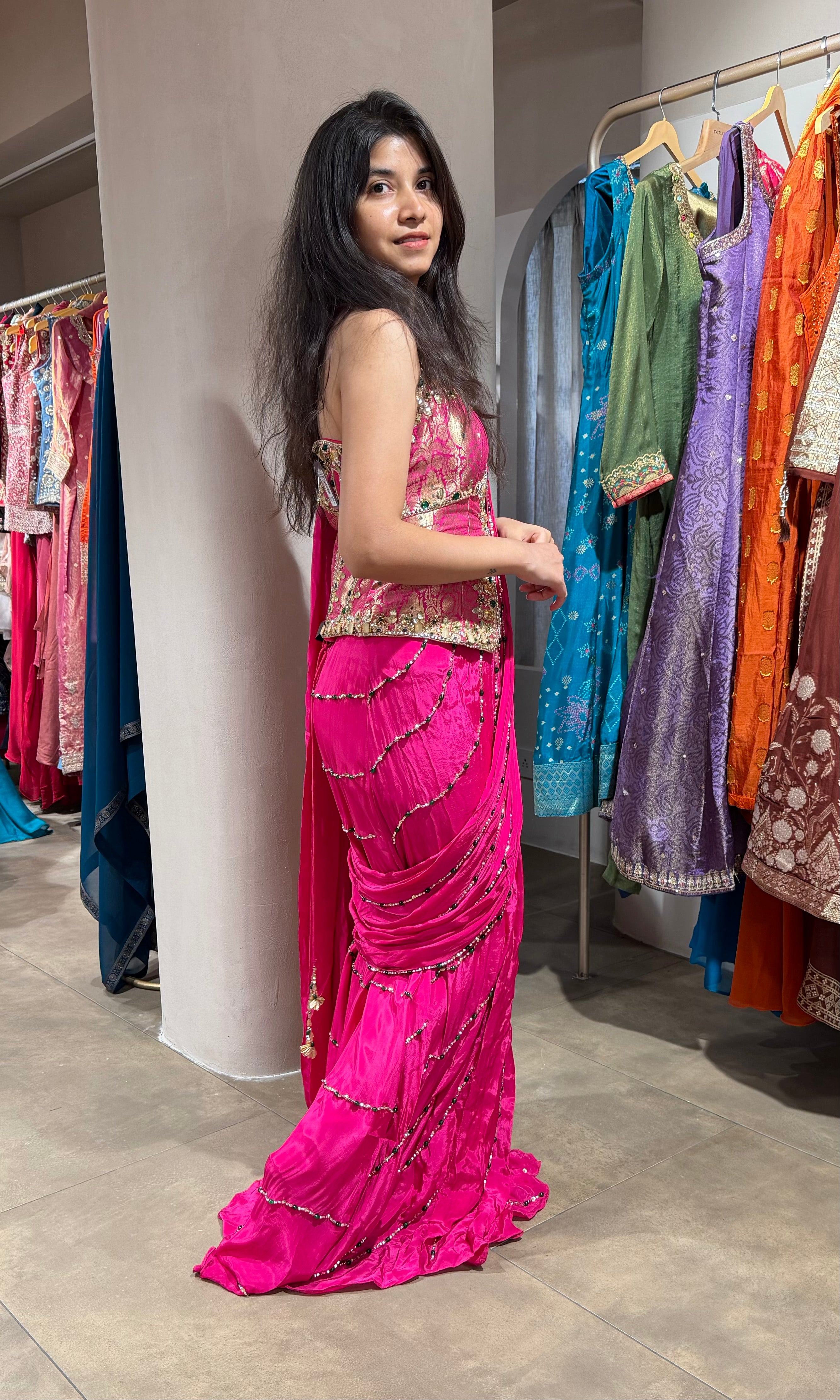 Pink DRAPE SAREE WITH ELEGANT CORSET BLOUSE
