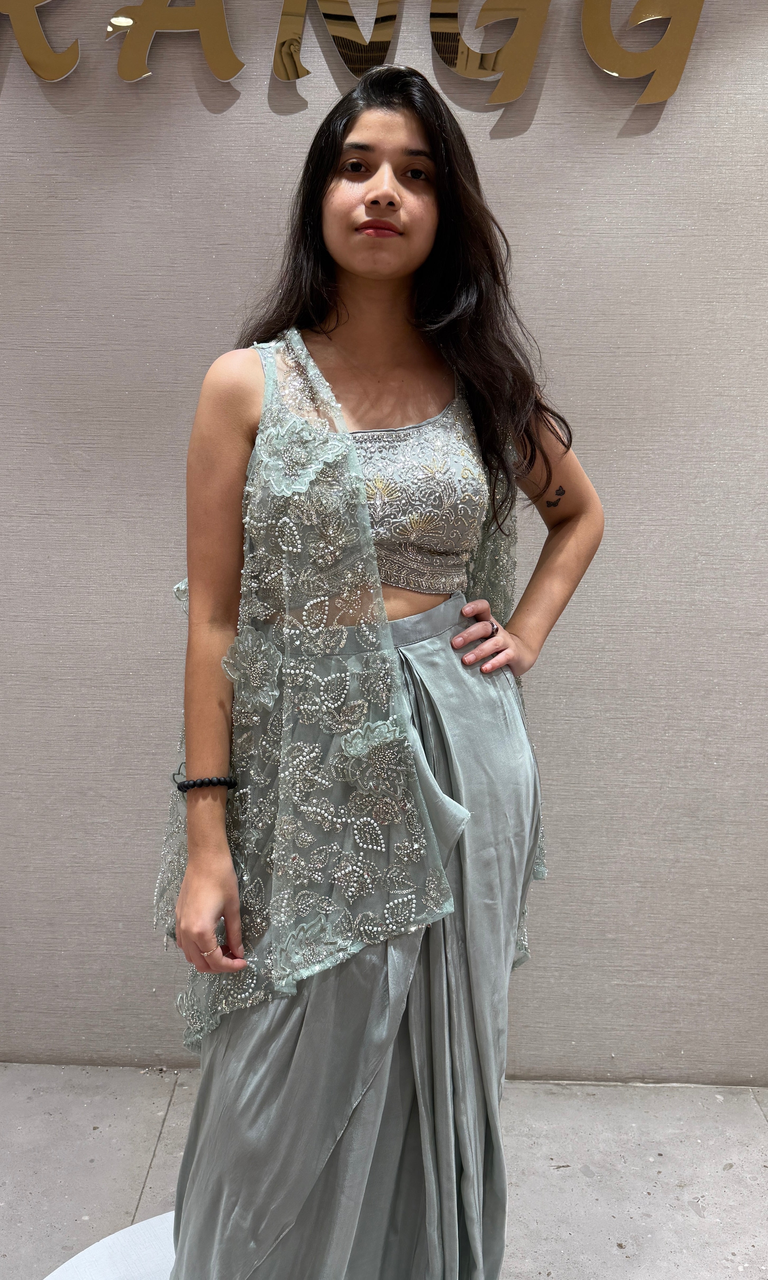 Green Elegant Draped Skirt Set with cape