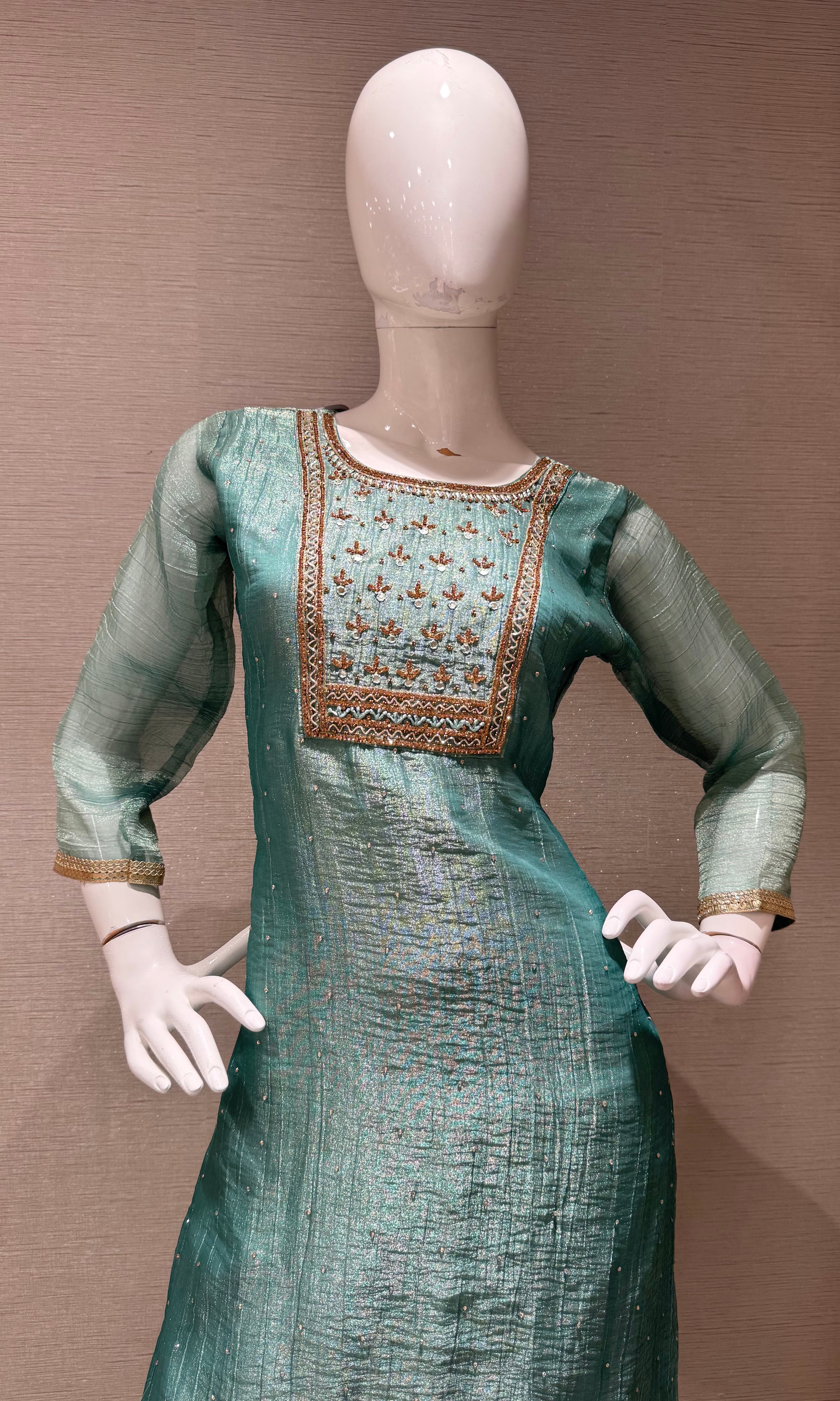Sea green Tissue silk Salwar Kurta set with Gold Embroidery