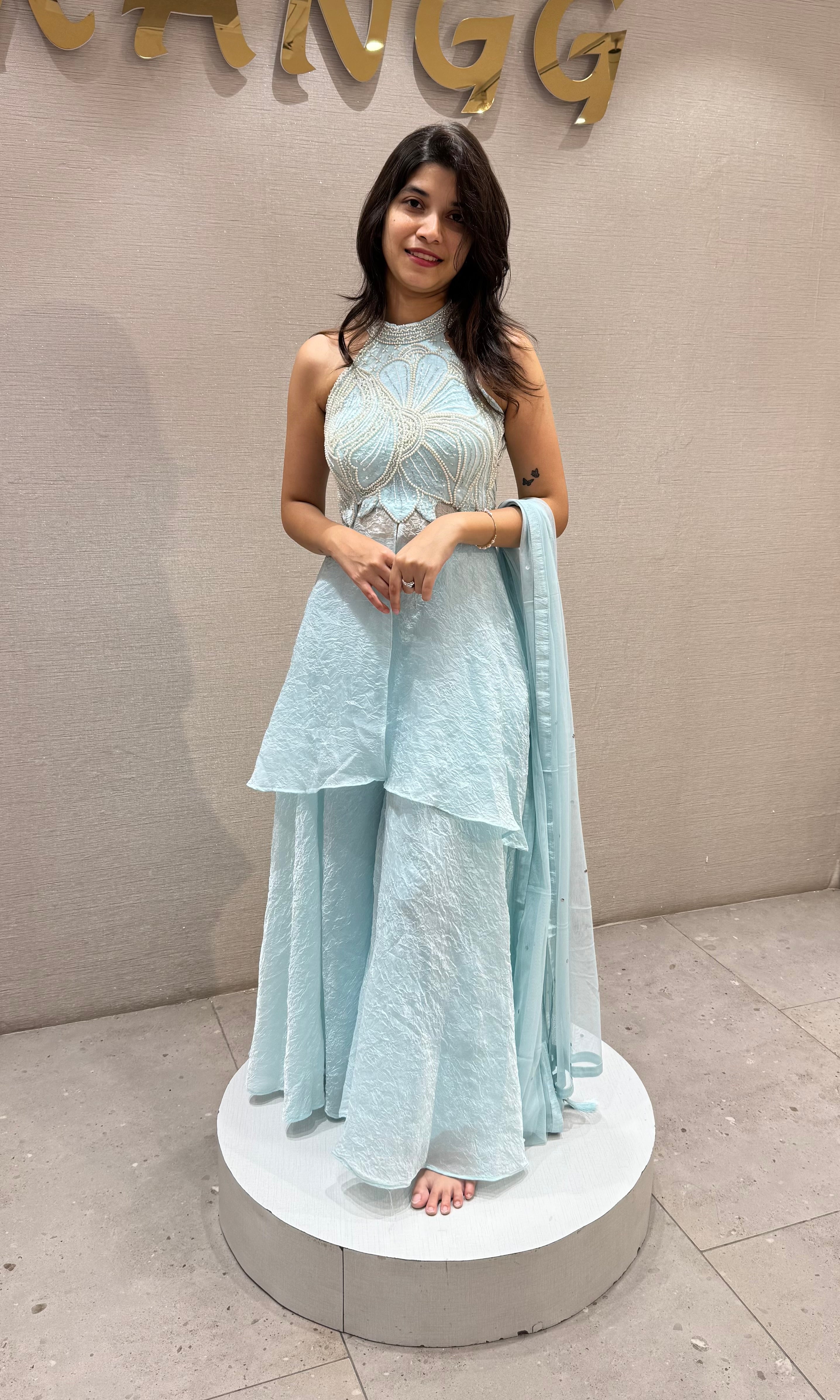 Sea blue Halter Neck Peplum Palazzo Set