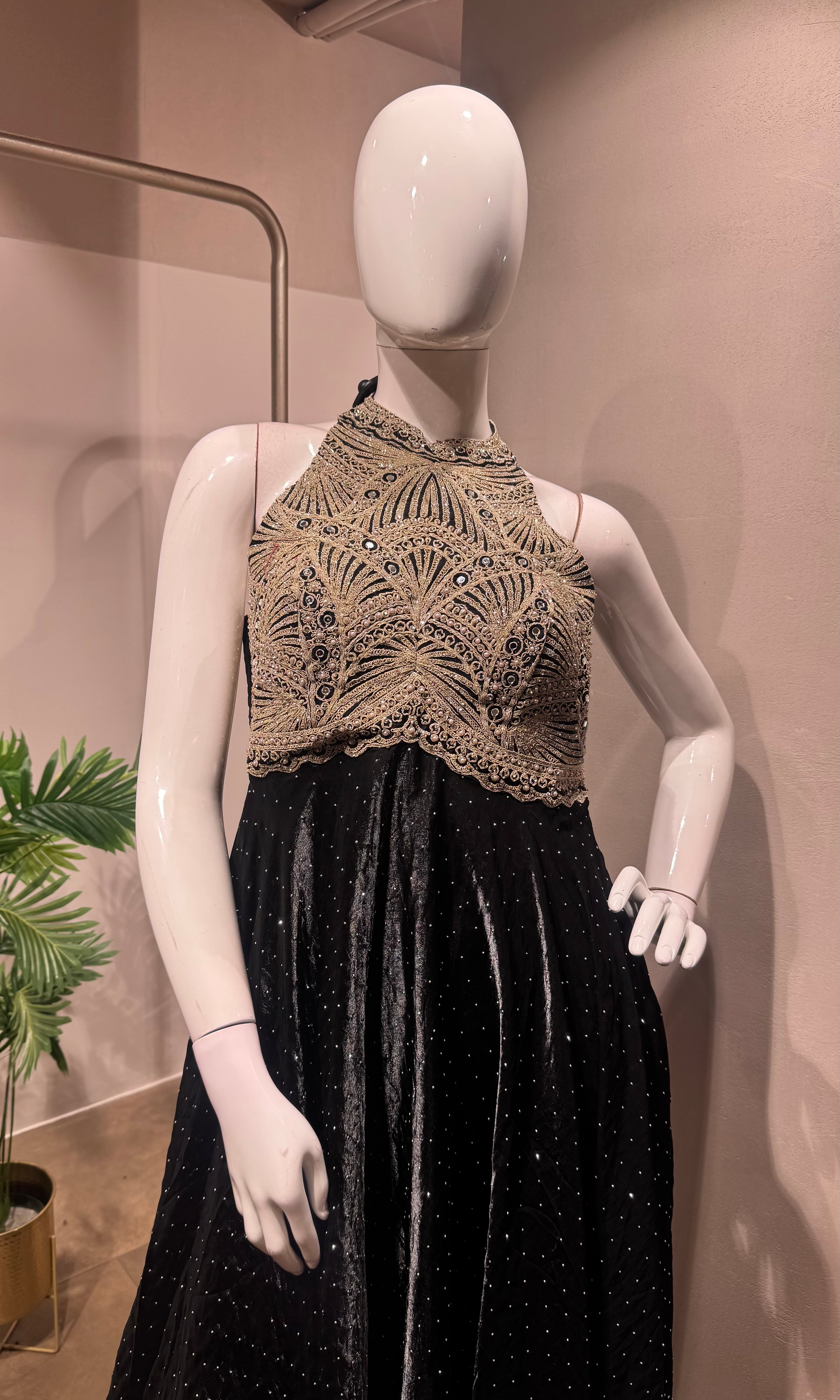 BLACK HALTER GOLDEN EMBROIDERED ANARKALI SET