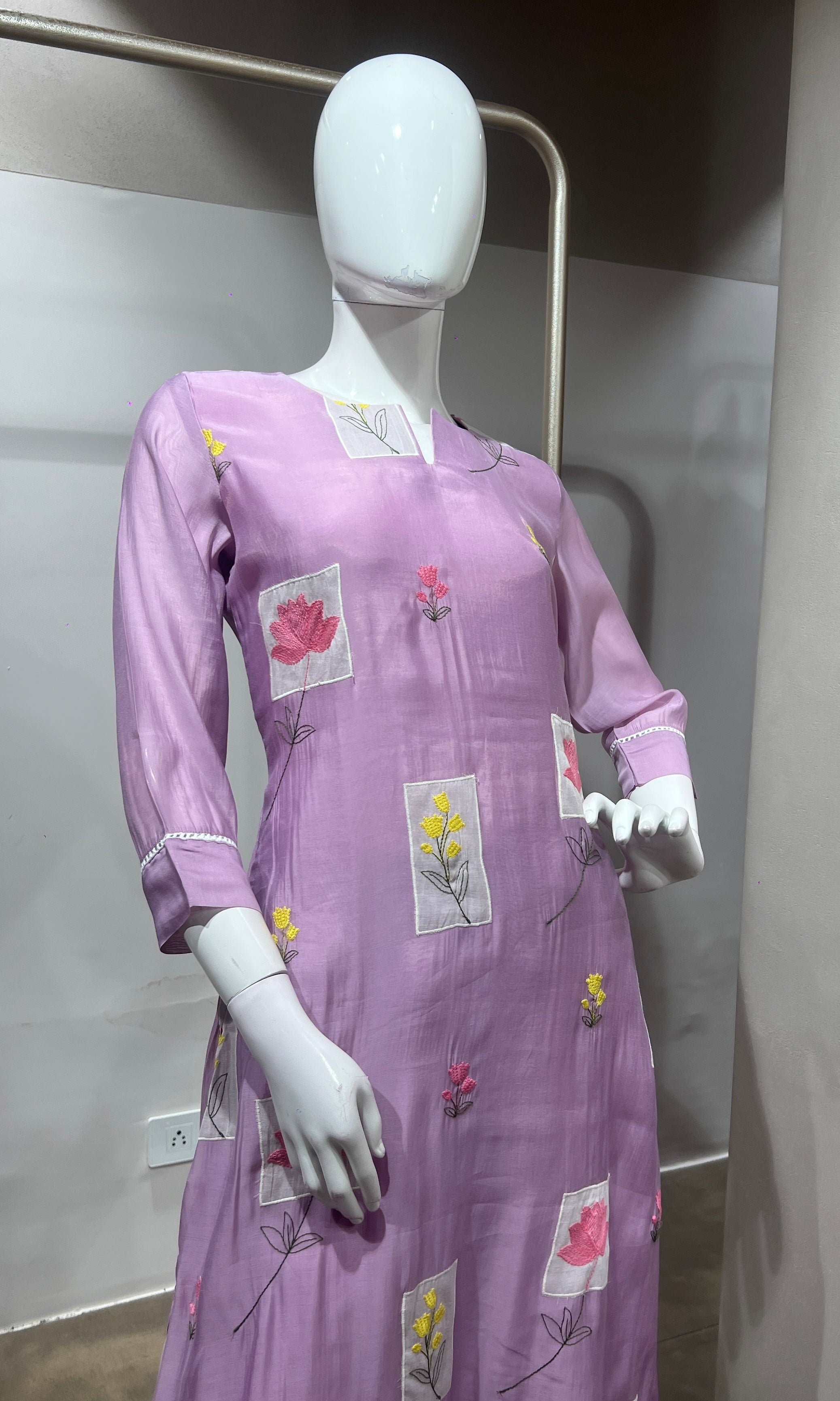 Lavender Patchwork Embroidered Kurta Set with Dupatta