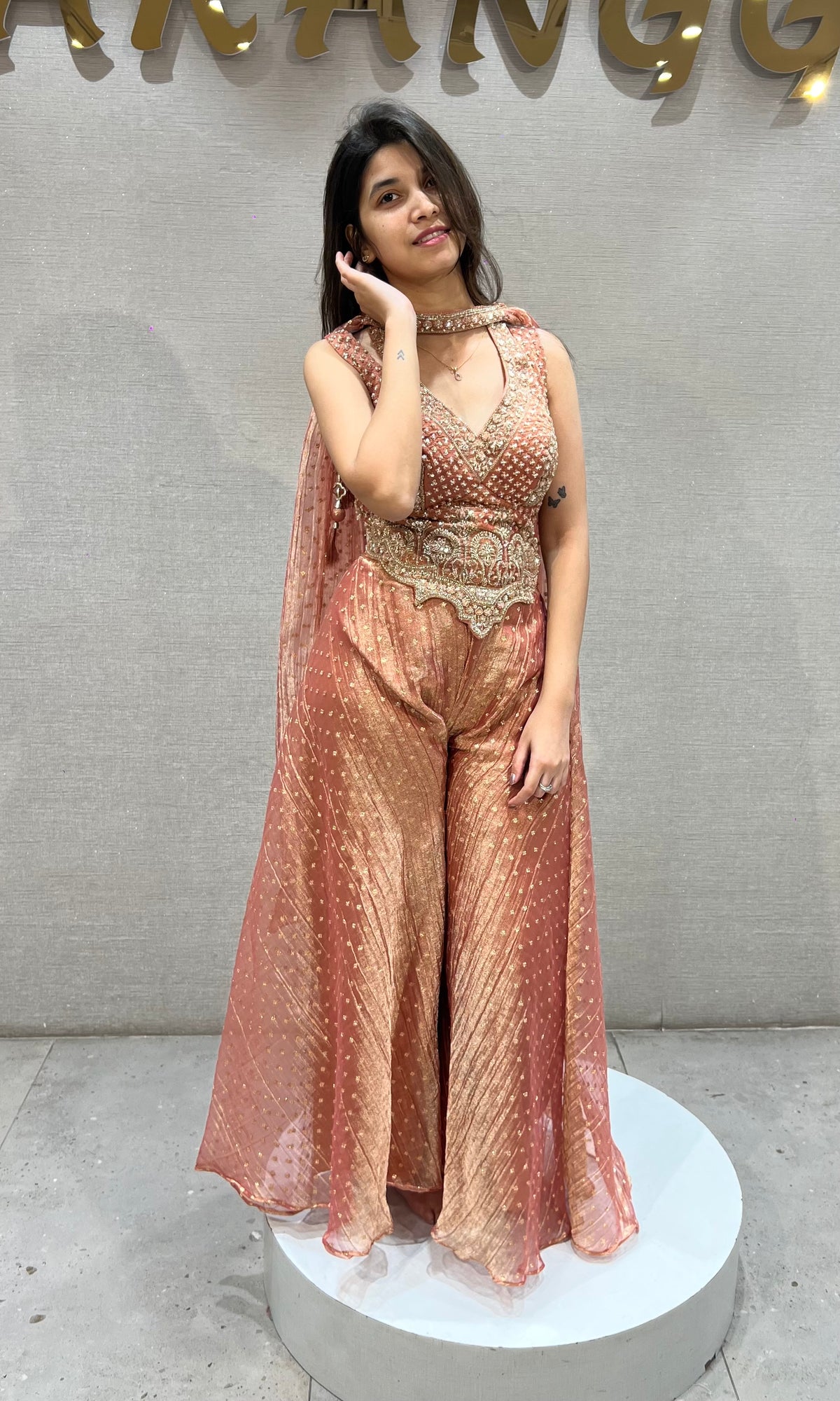 Rust Shimmer embroidered crop top palazzo set
