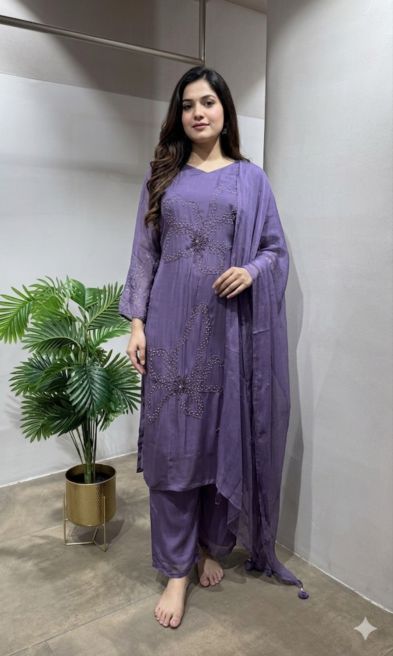 PURPLE FLORAL THREAD EMBROIDERED KURTA SET