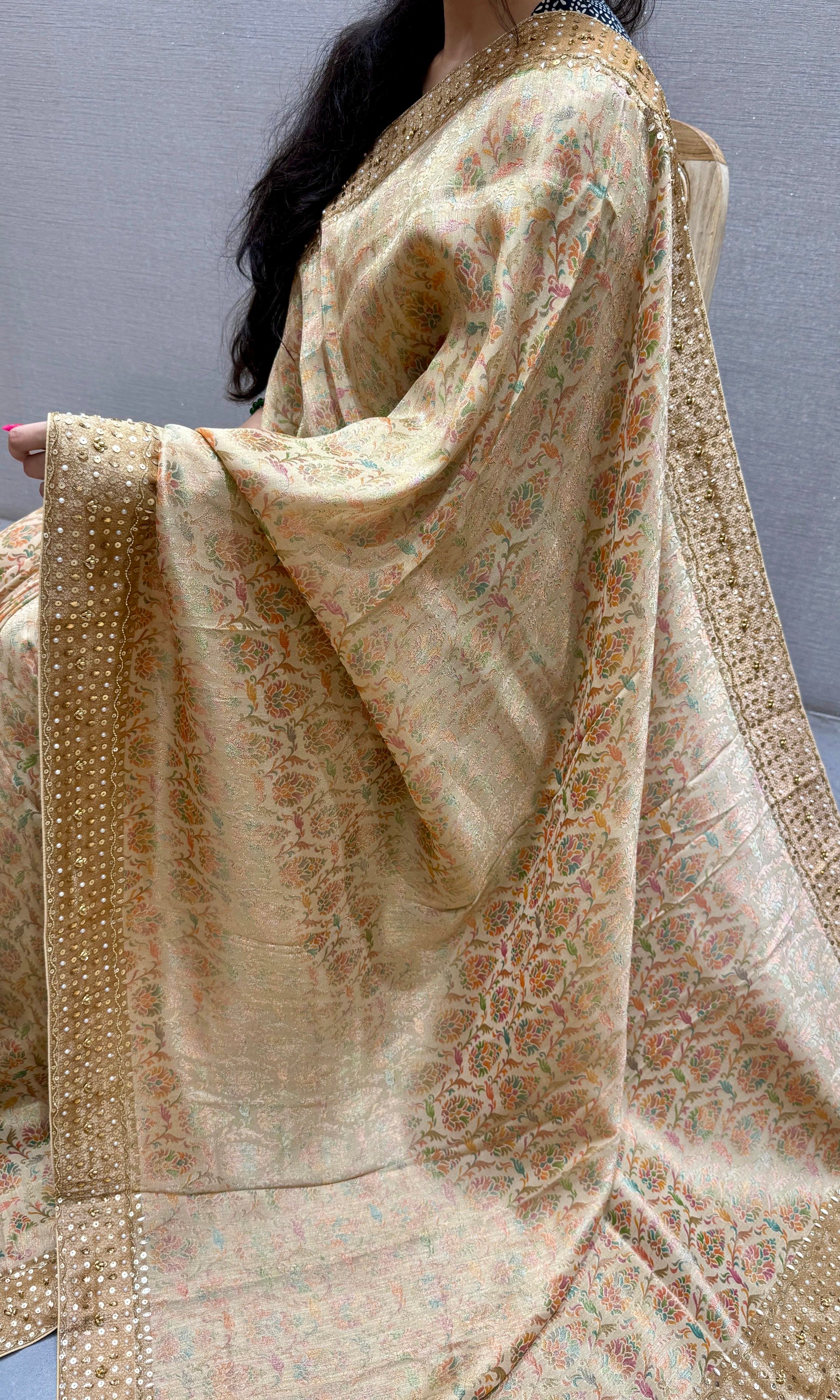 Golden Peach Banarasi saree with ready blouse