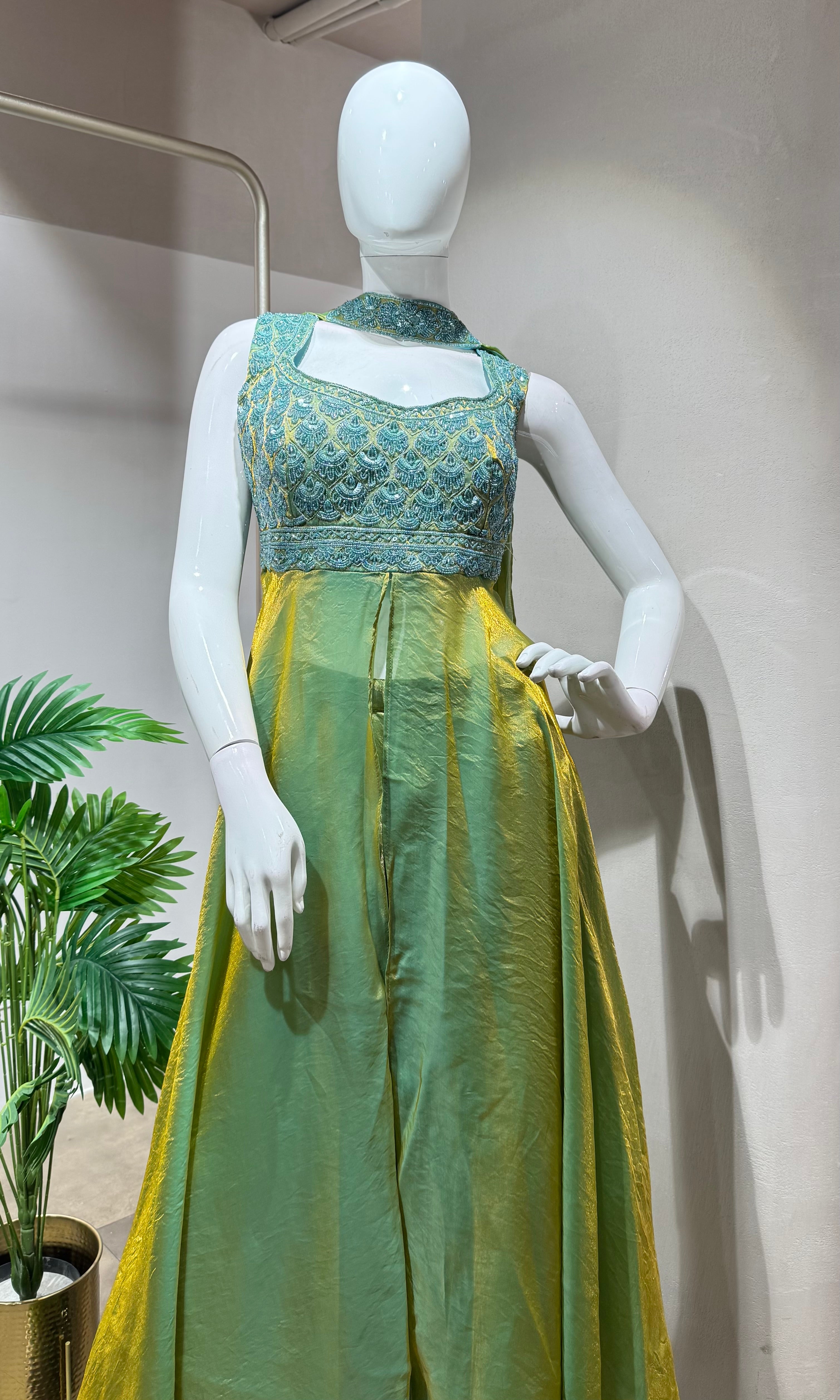 RAMA GREEN A LINE SHIMMER TISSUE PALAZZO SET