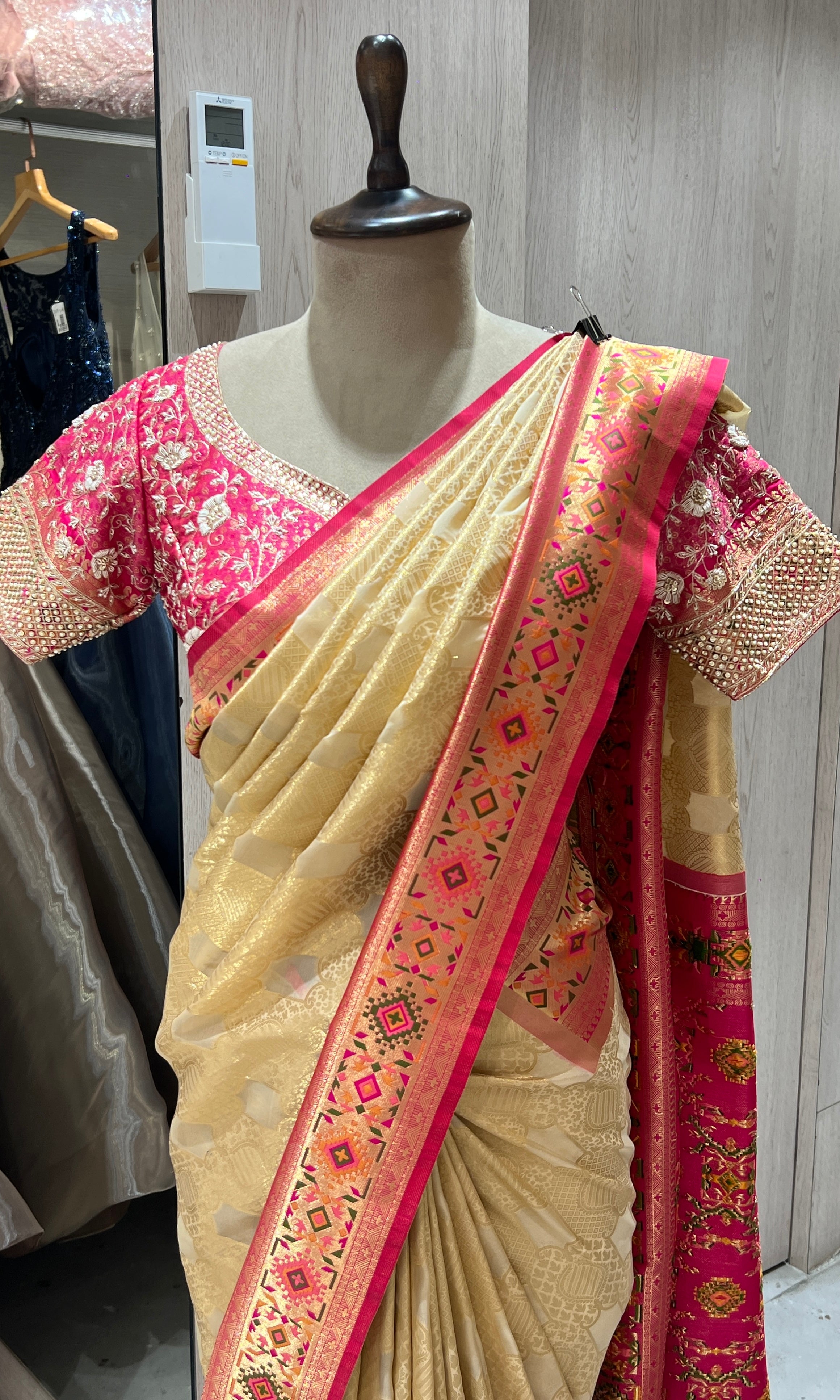 pink and gold kanjivaram saree with blouse