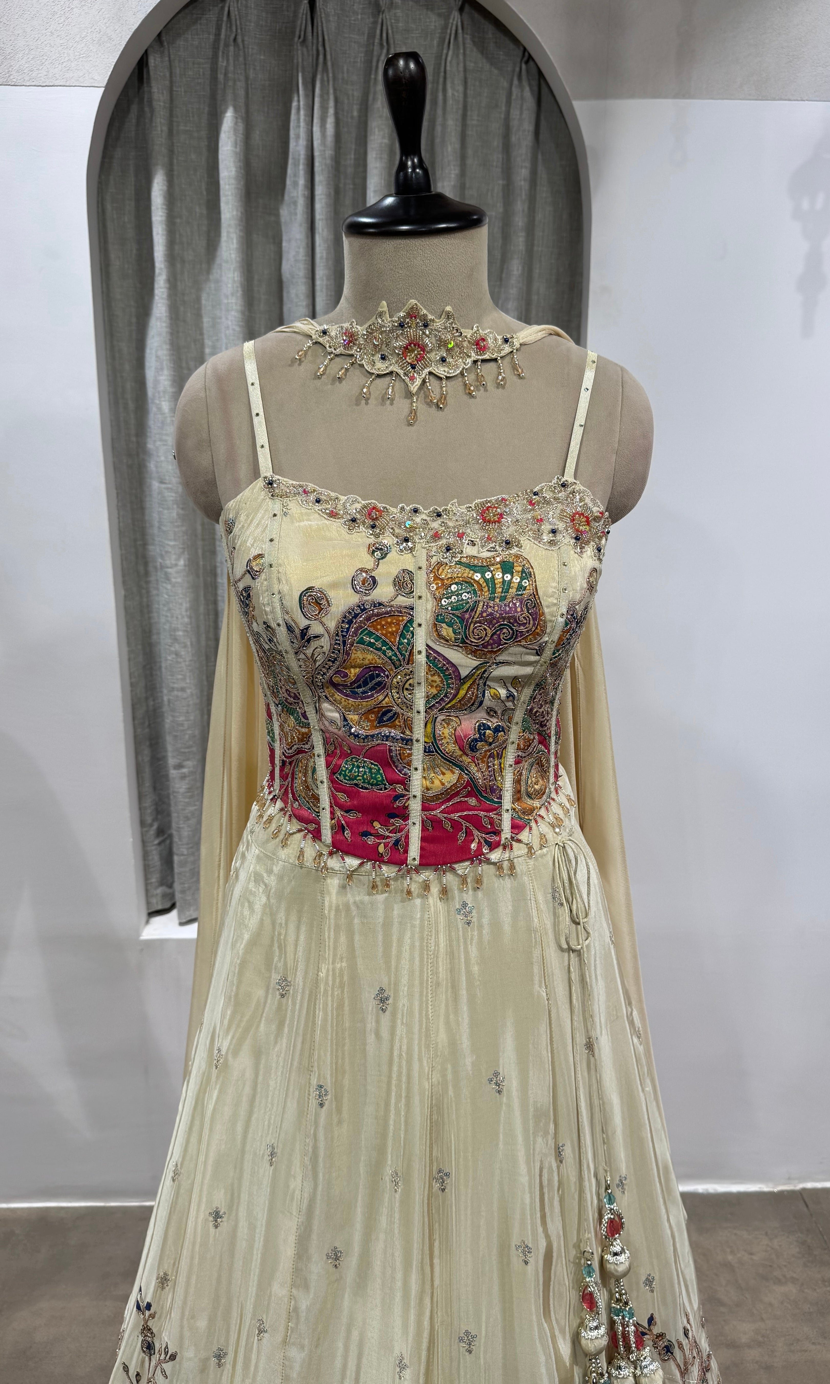 White and Pink corset Floral Lehenga
