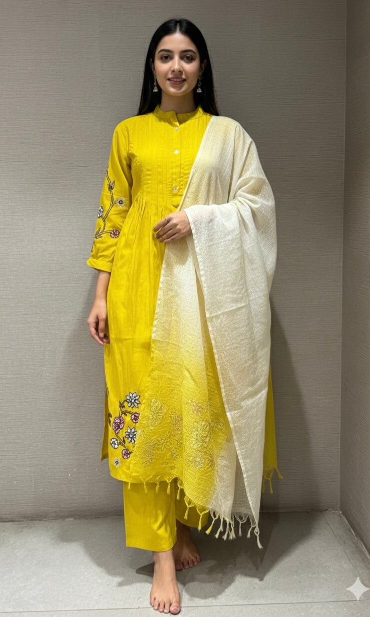 Liril floral embroidery mul chanderi kurta set