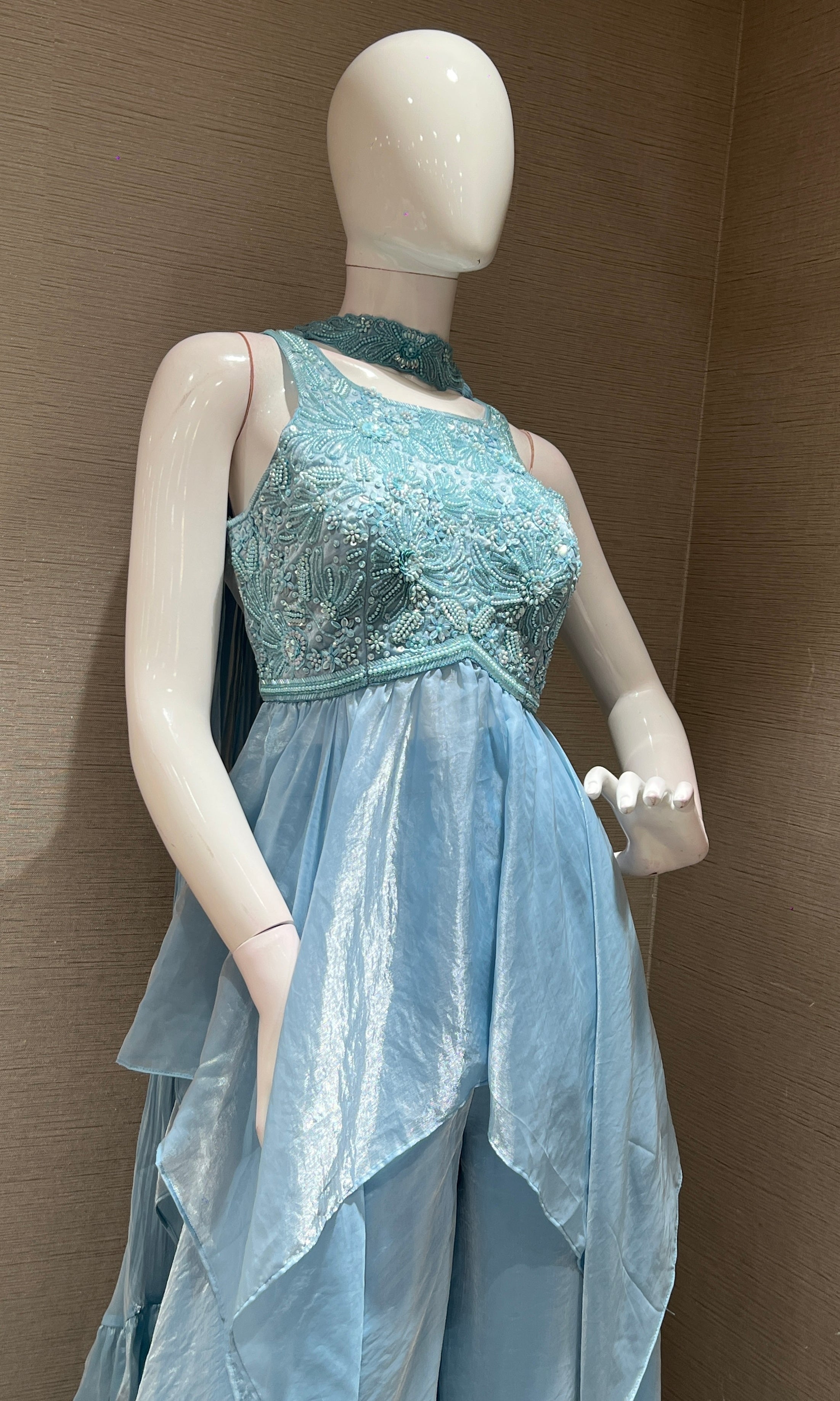 Sea blue EMBROIDERED BLOUSE PALAZZO SET