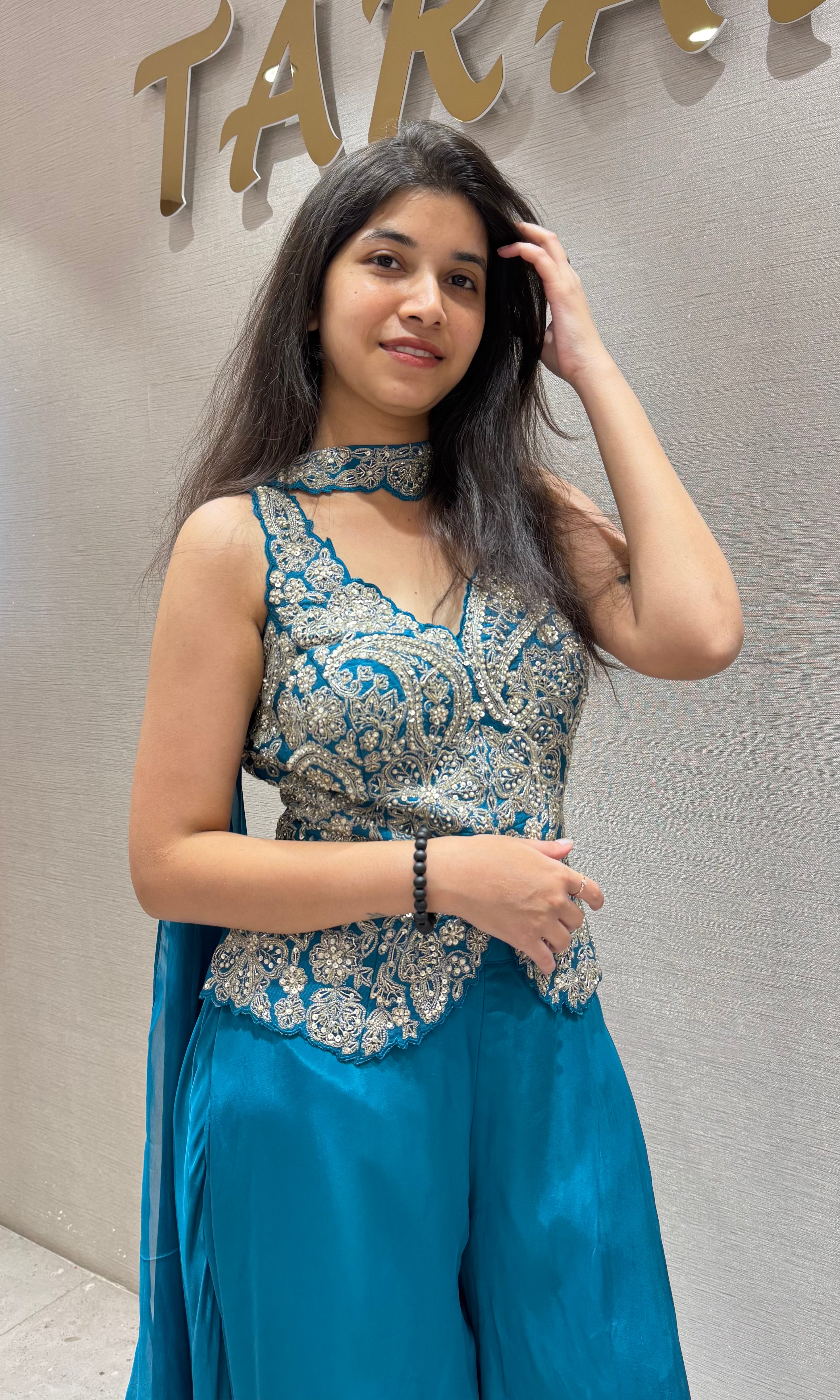 Rama blue EMBROIDERED PEPLUM PALAZZO SET