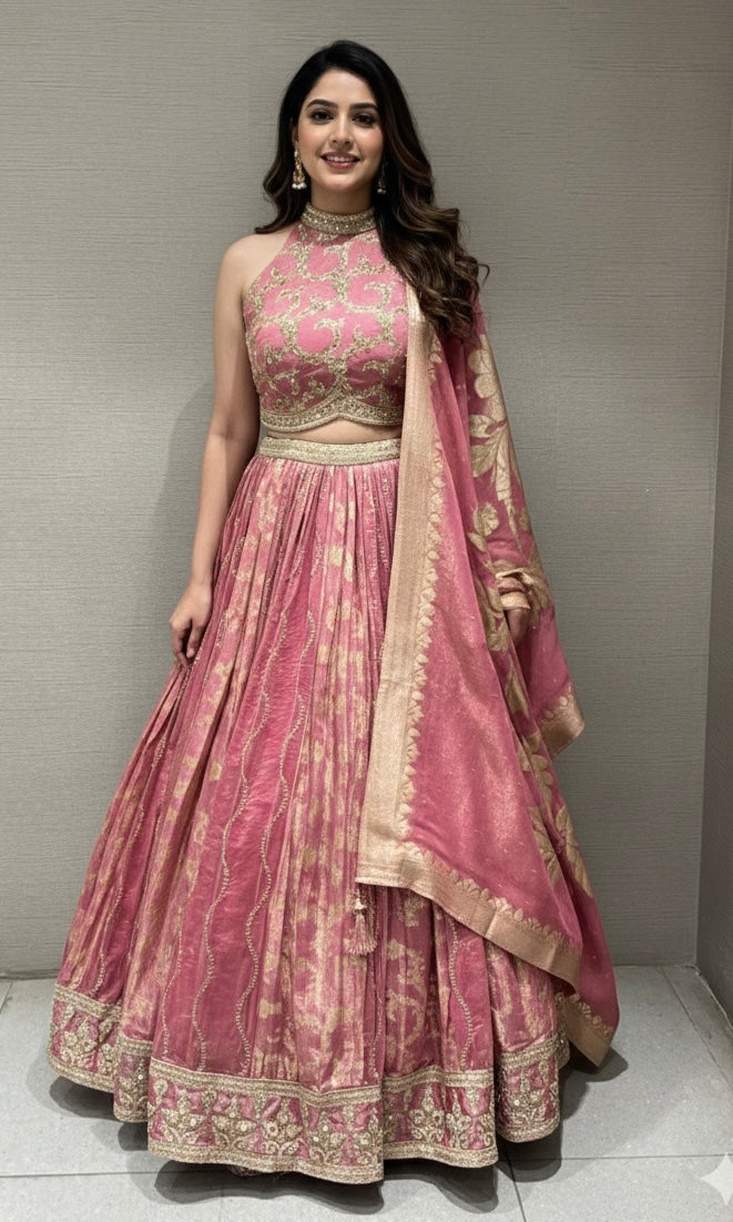 BLUSH PINK LEHENGA WITH HALTER BLOUSE