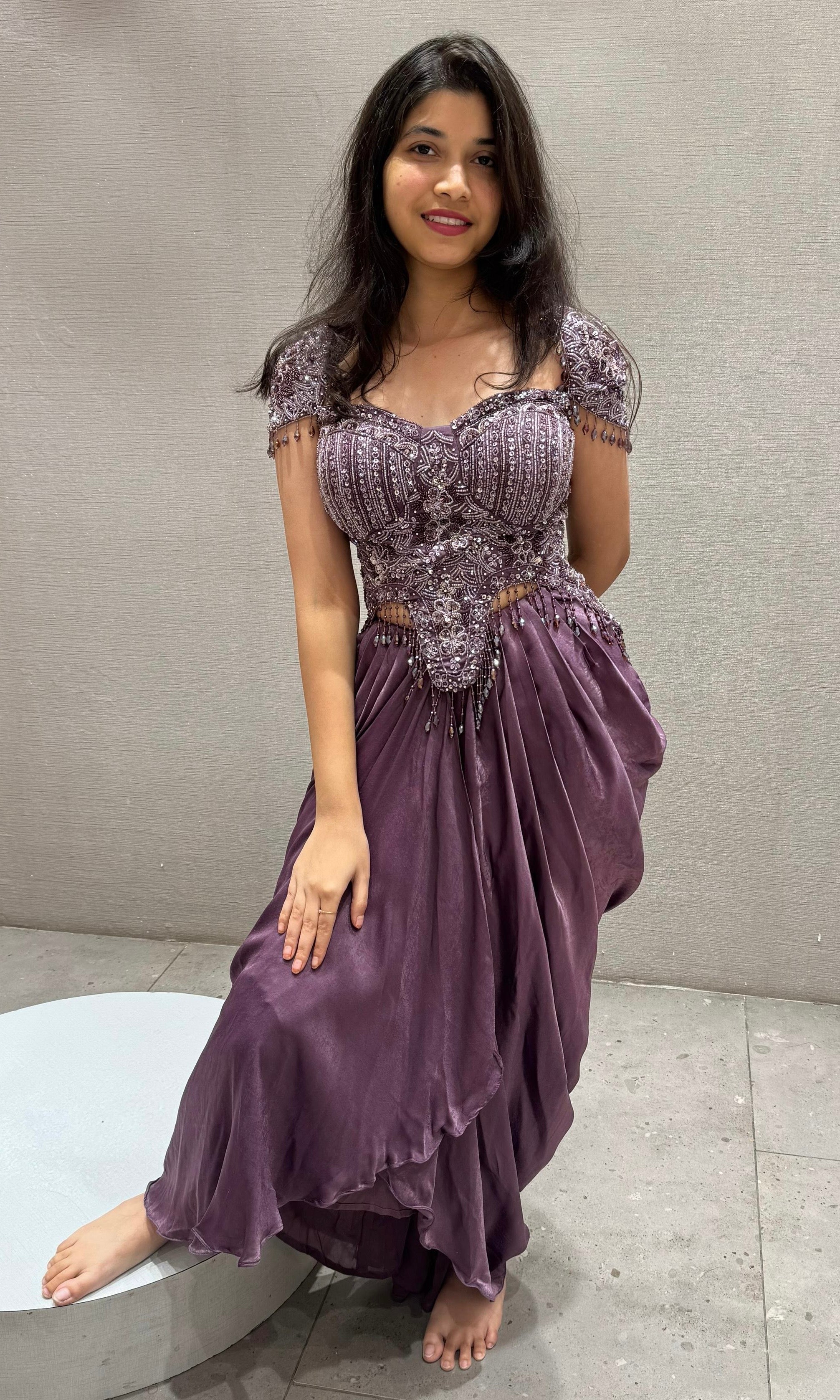 Wine corset blouse with drape skirt Indo western dress