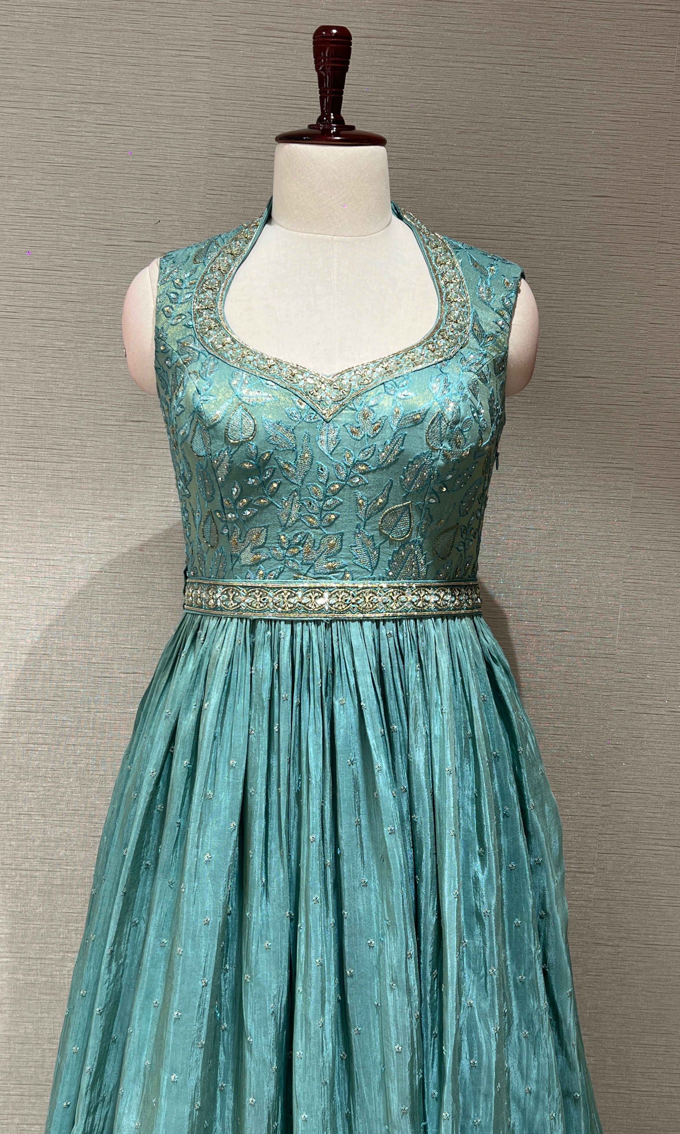 Sea green long anarkali with gold embroidered