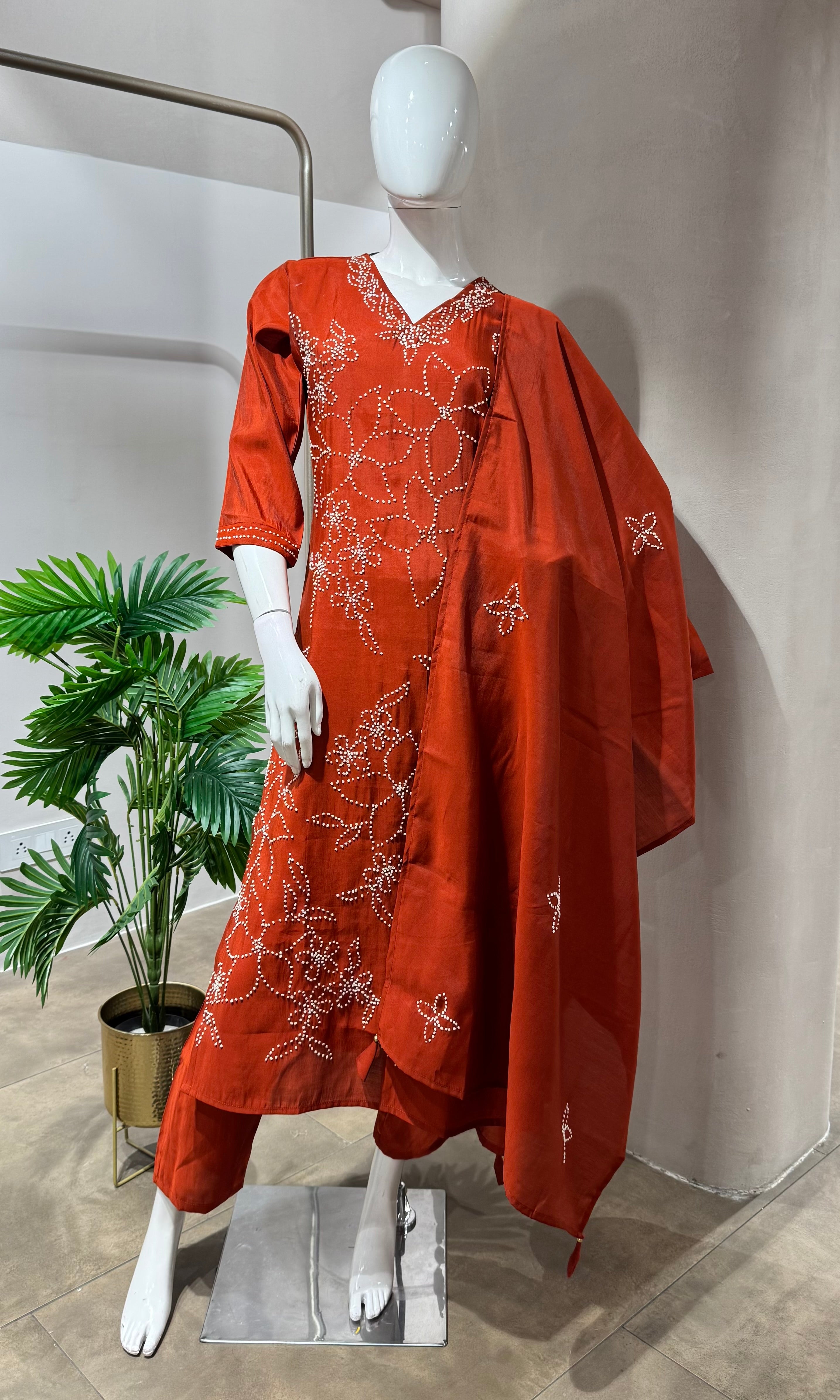 RUST FLORAL BEAD WORK MUL CHANDERI KURTA SET
