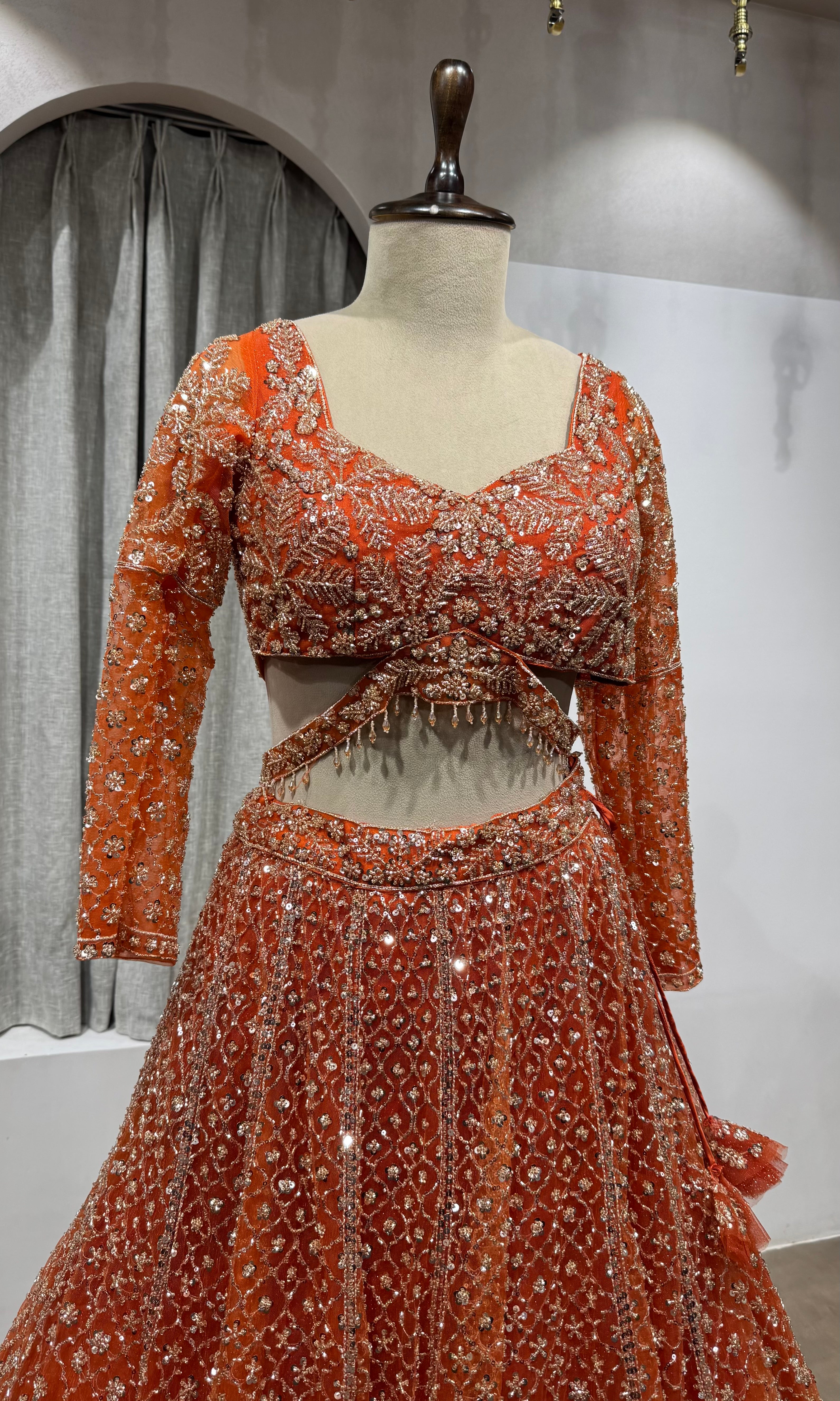 Orange Sequin Embroidered Bridal Lehenga Set
