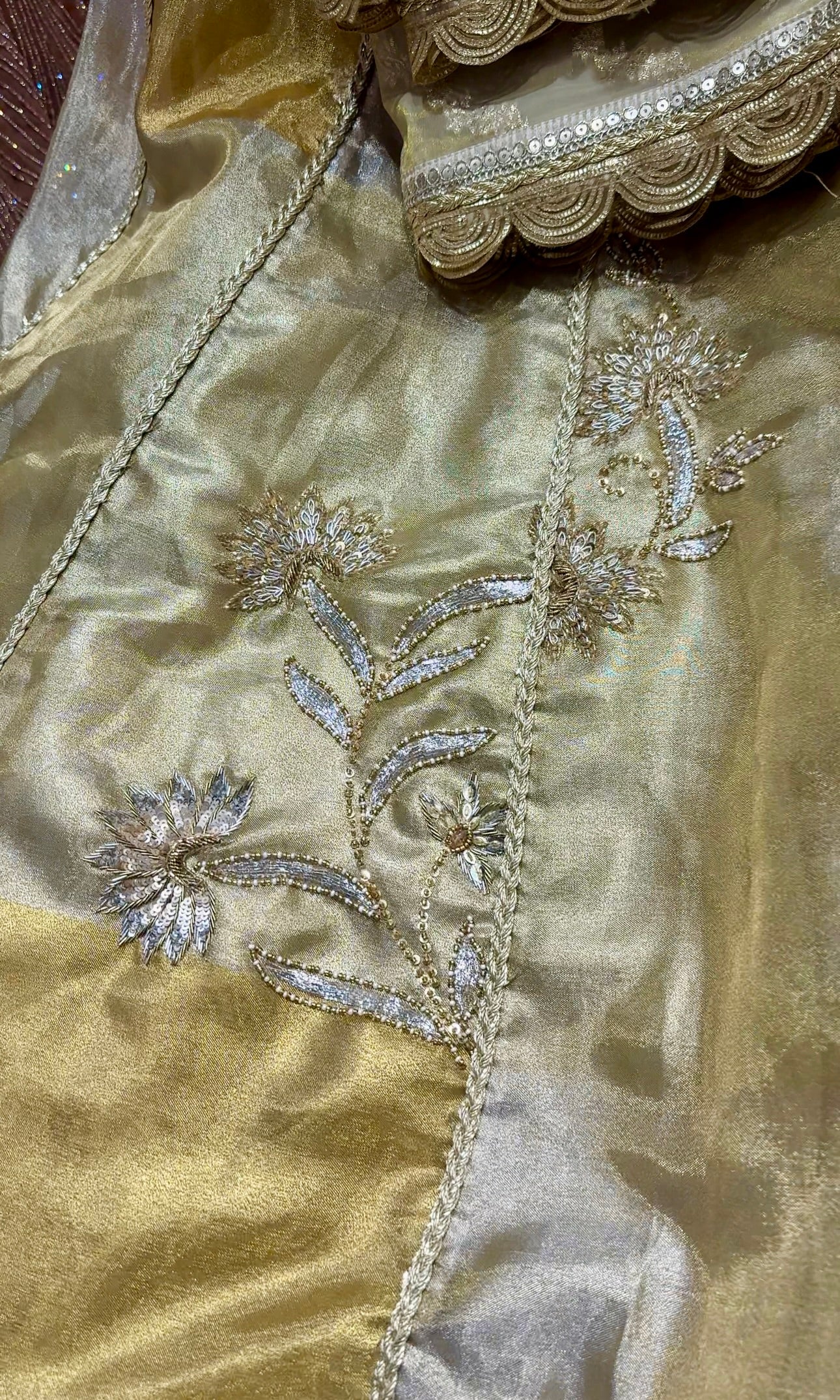 Gold and silver tissue zari lehenga