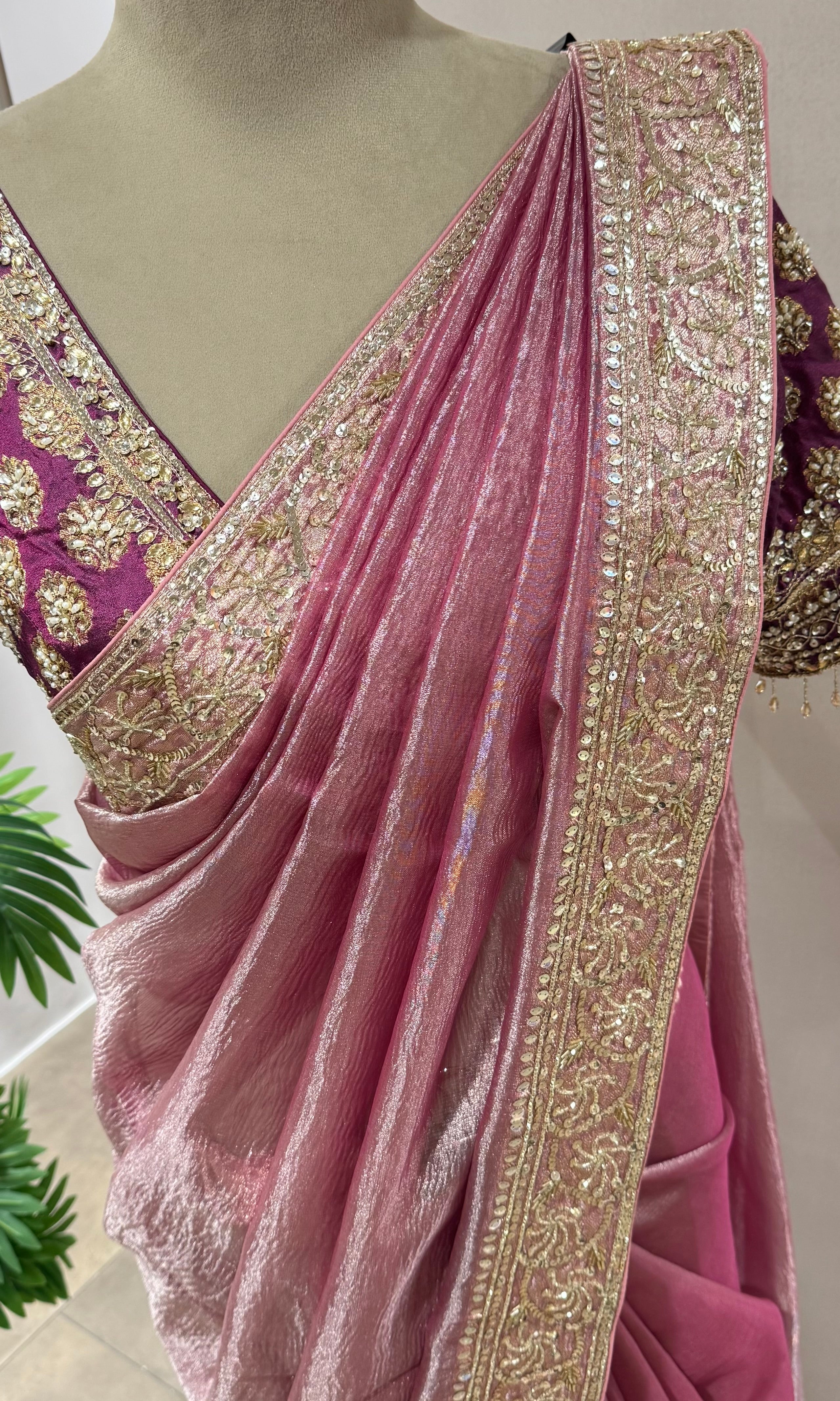 TISSUE WINE BANARASI SAREE WITH BLOUSE