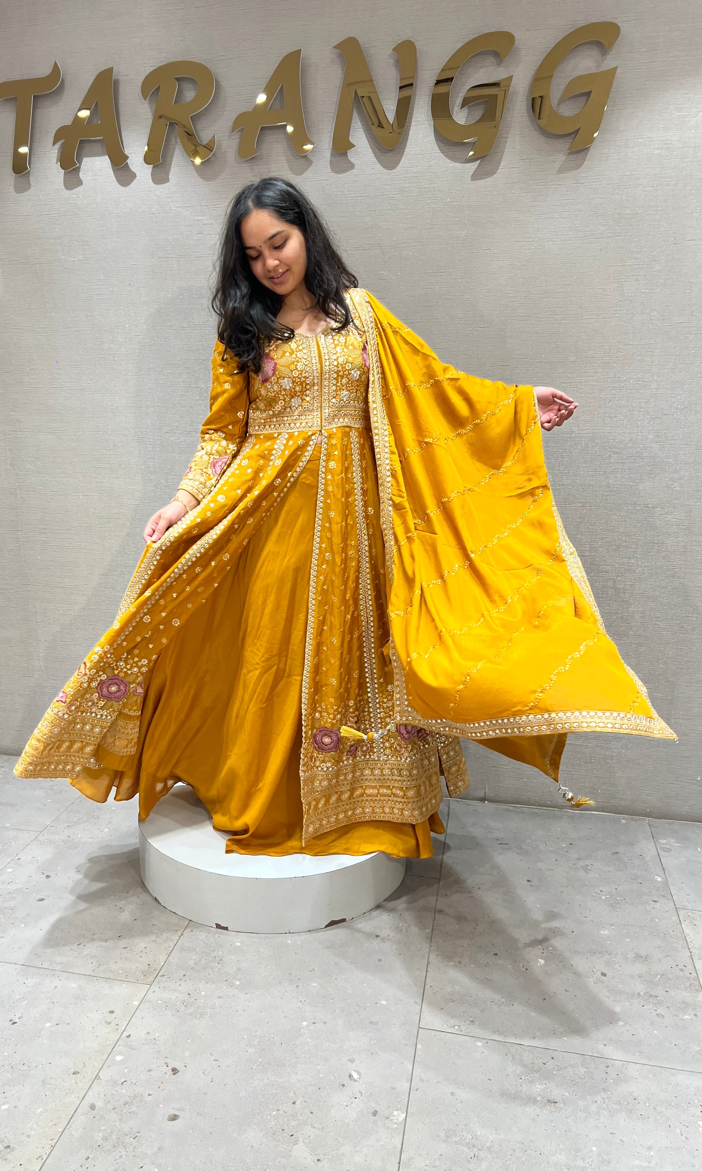 Mustard Yellow Silk Anarkali set with Zari dupatta