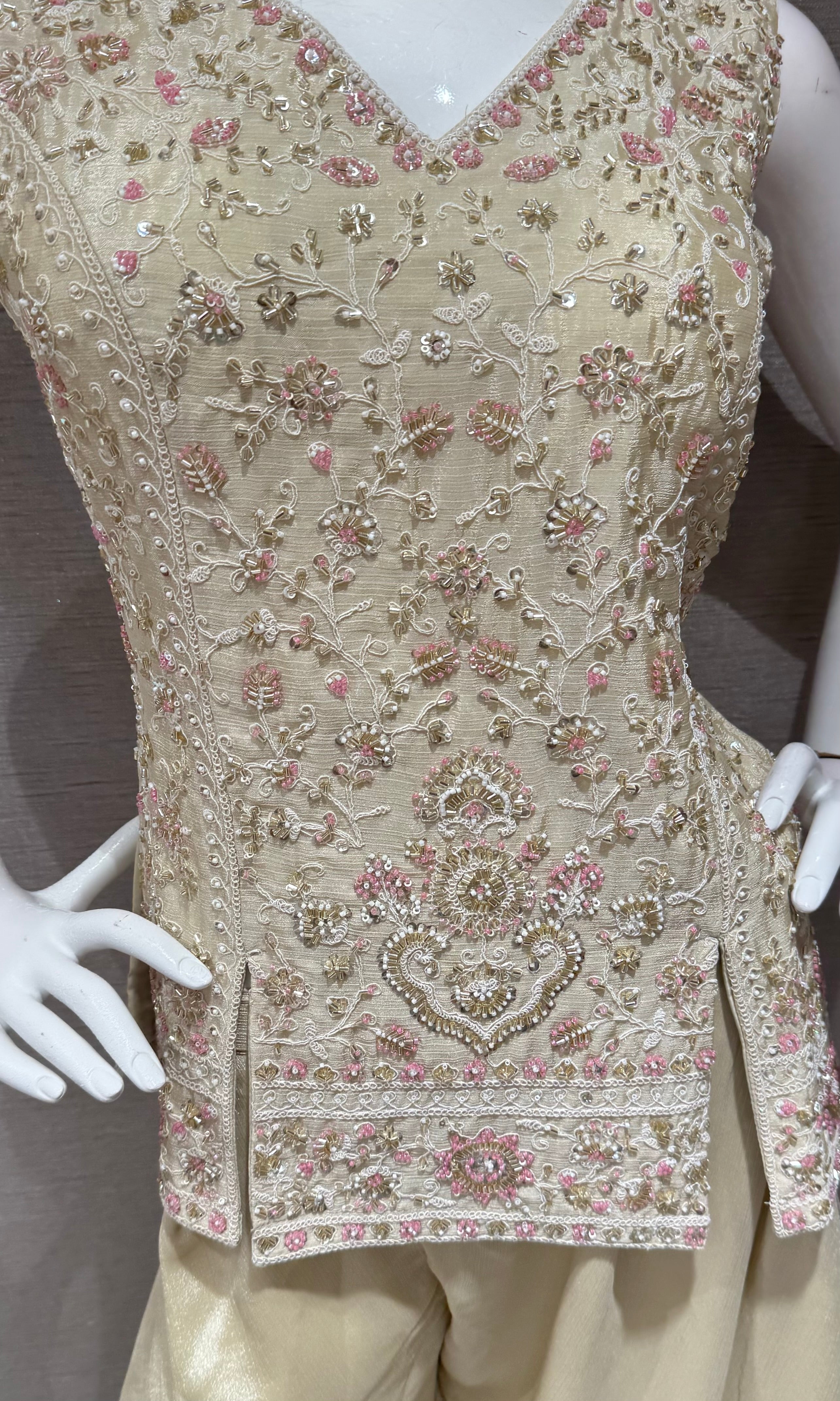 Cream Floral embroidered peplum palazzo set